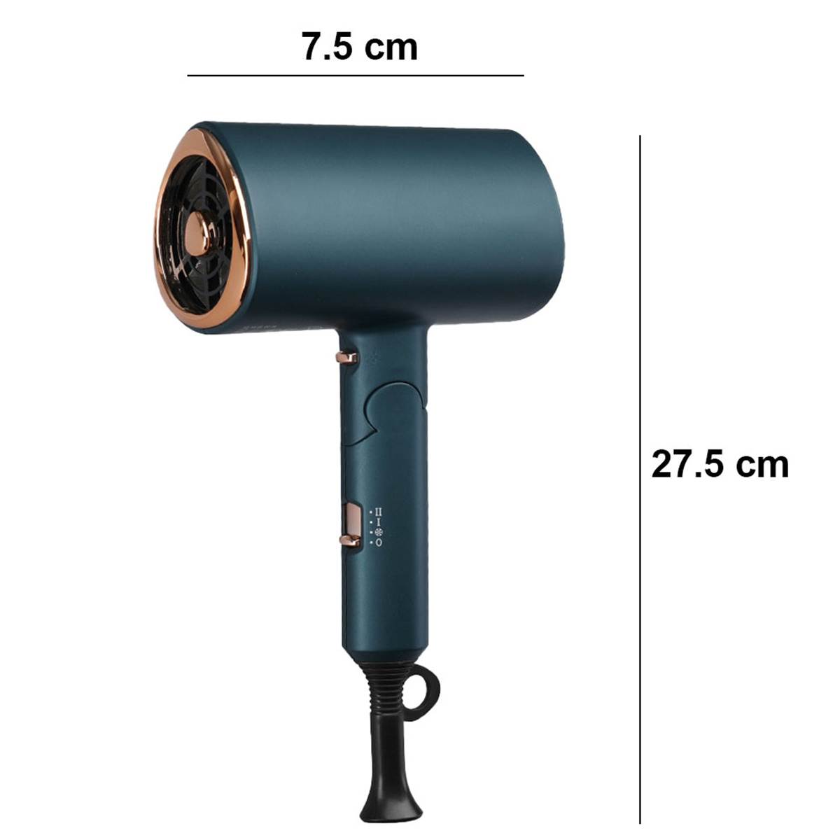 Türkisfarbener Fön mit goldenen Akzenten. Abmessungen: 7,5 cm x 27,5 cm. Freigestellt.