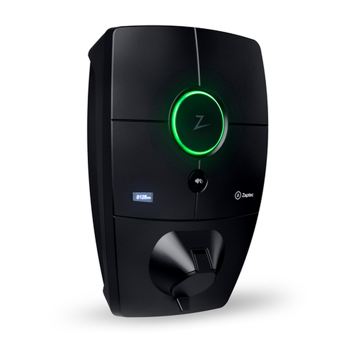 Black electric vehicle charger. It has a green light around a Z logo and a small display with numbers.