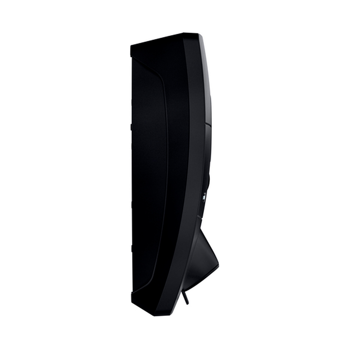 Black speaker, vertical, on a white background. The speaker has a distinctive shape.