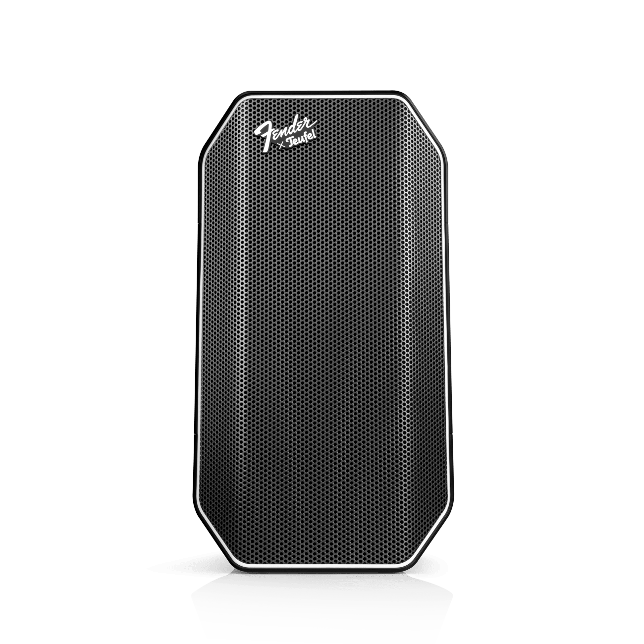 Zwarte Fender Jr. speaker op een donkere ondergrond. Het is een mesh design.
