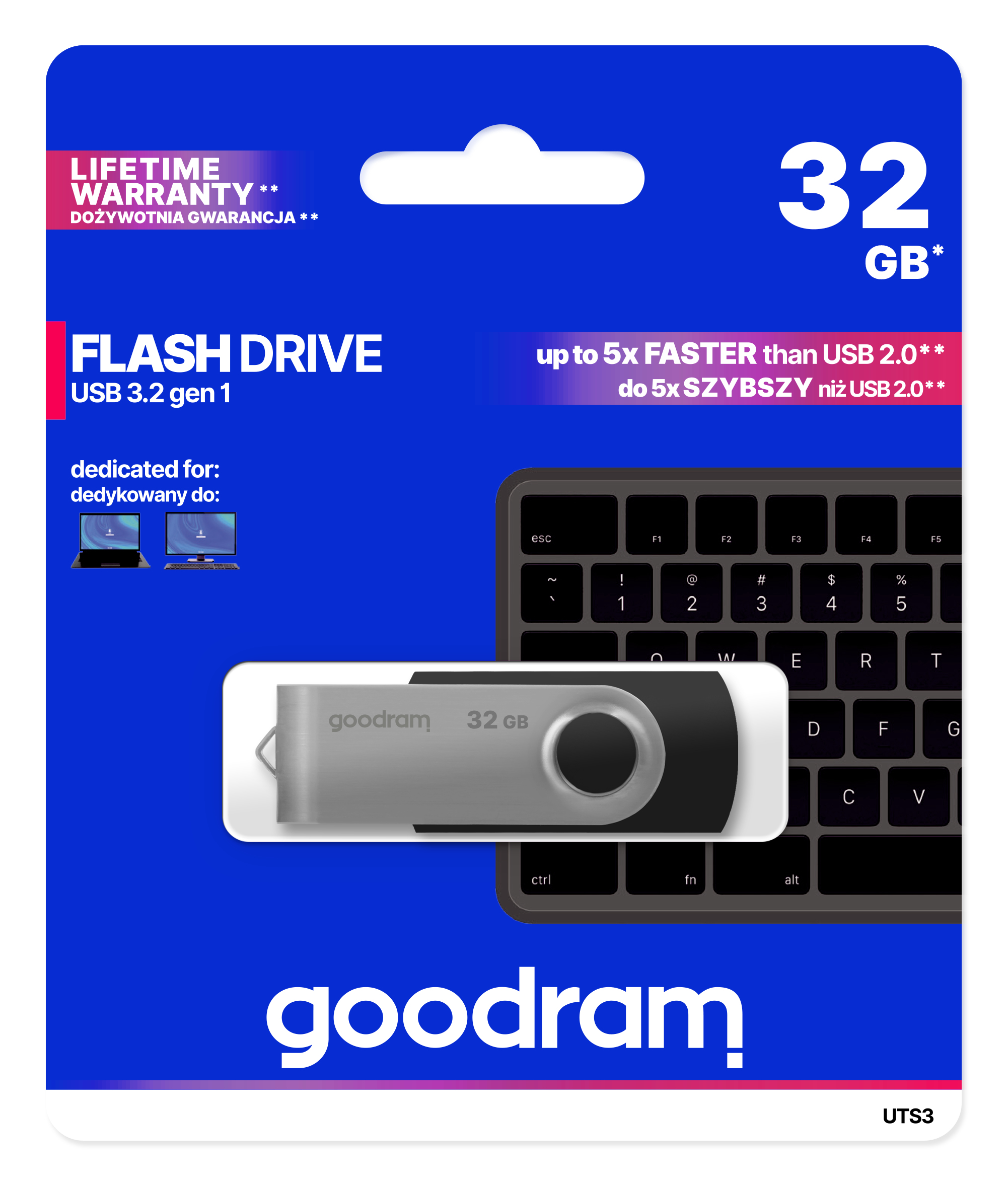 Pamięć flash w niebieskim opakowaniu. Tekst brzmi 'Flash Drive' i '32GB'.
