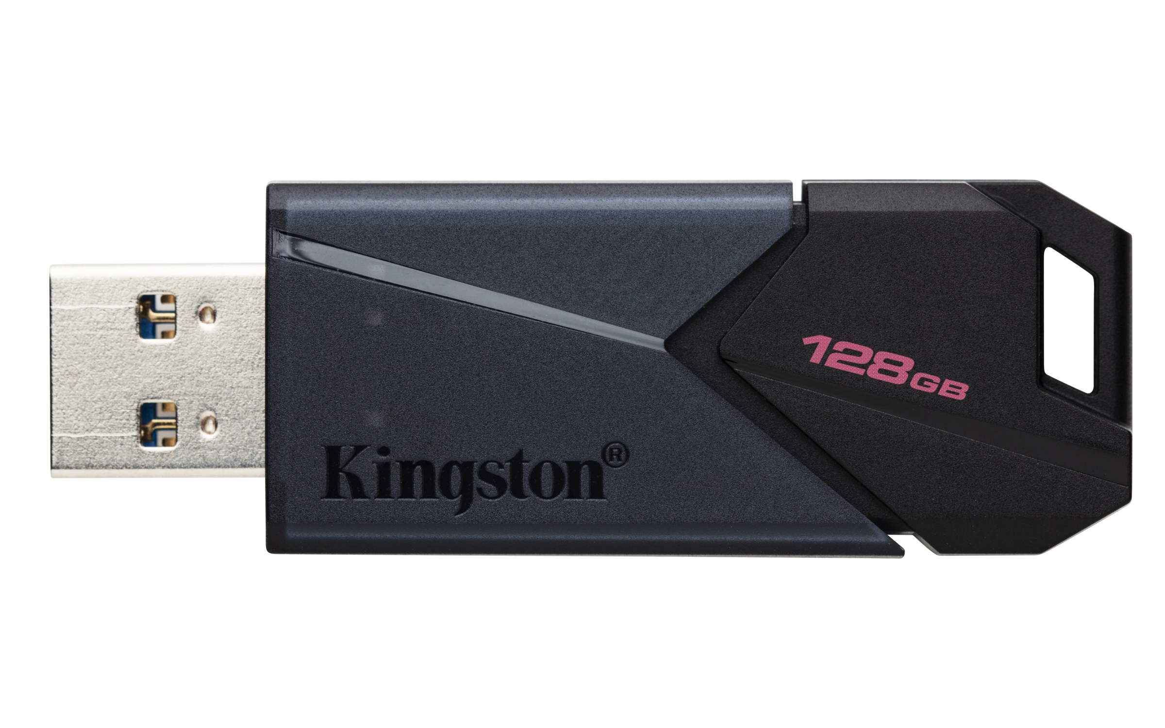 Pendrive USB Kingston 128GB, czarny i srebrny. Szczegółowy widok.