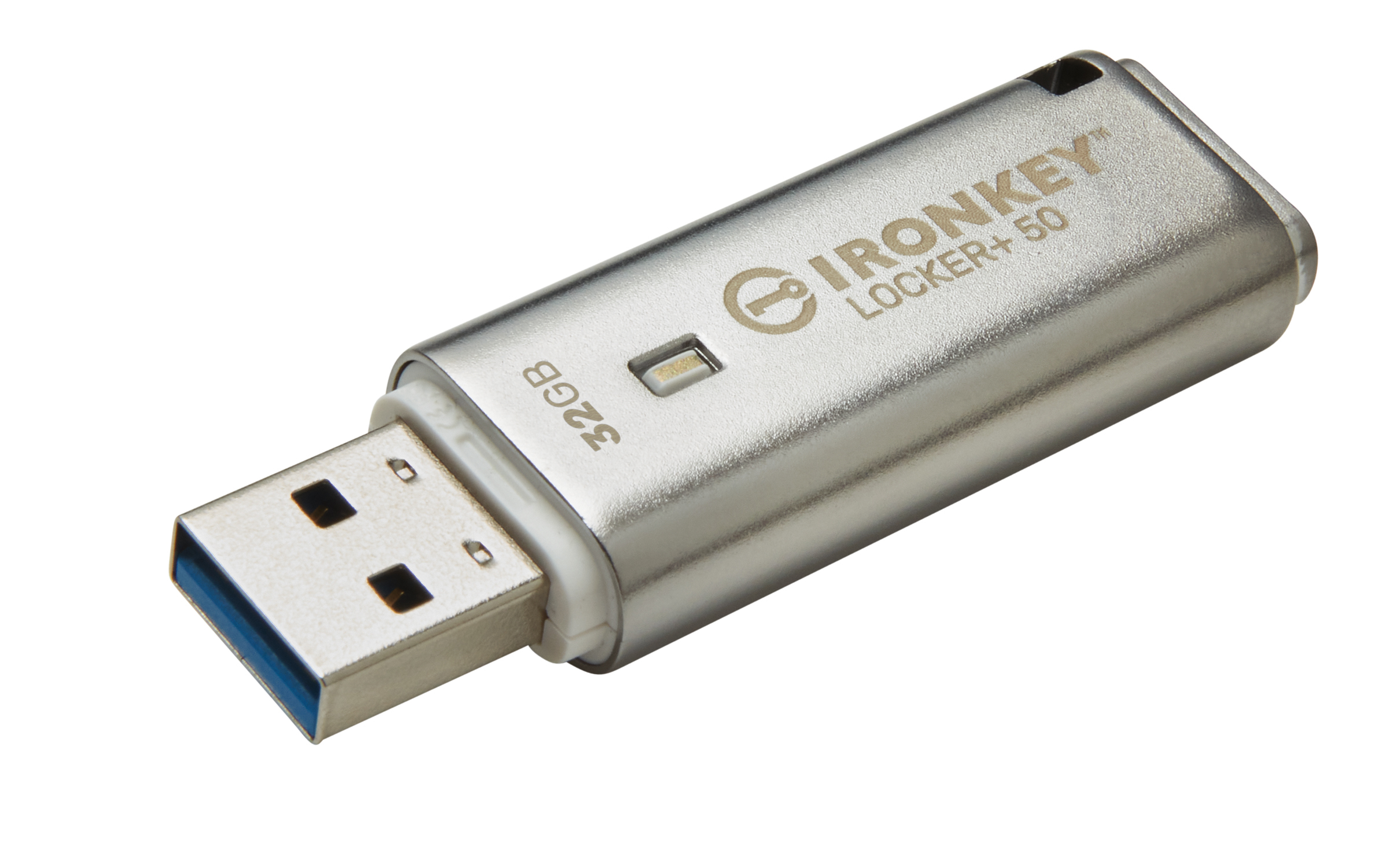 Silberner USB-Stick mit Aufdruck 'IRONKEY LOCKER+ 50' und '32GB'.