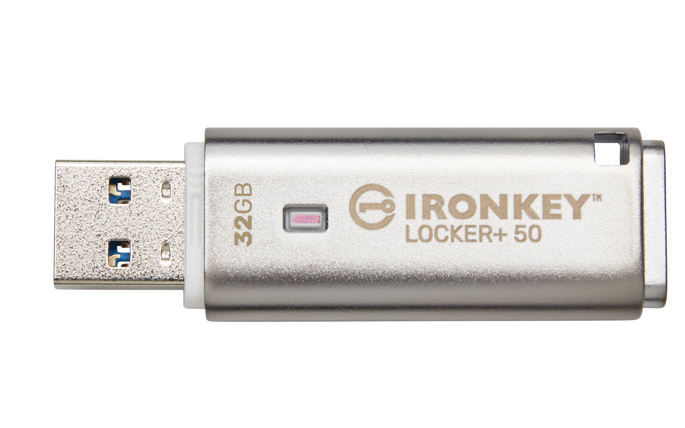 Silberner USB-Stick. Er trägt die Aufschrift 'IRONKEY LOCKER+ 50' und '32GB'.