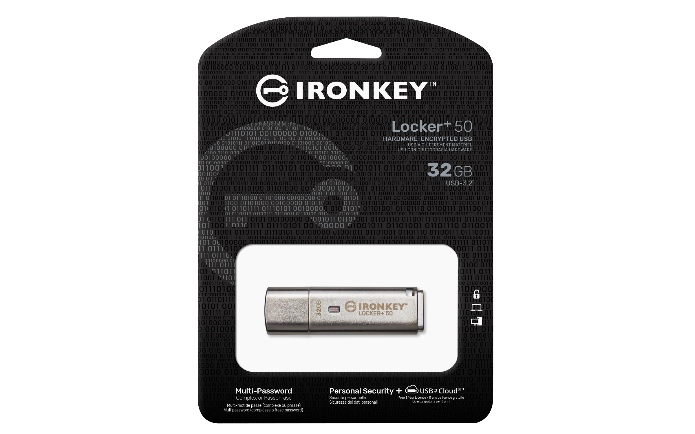 IronKey Locker+ 50 USB-Laufwerk. Schwarzes und silbernes Gehäuse, 32 GB, mit Verpackung, die Binärcode zeigt.