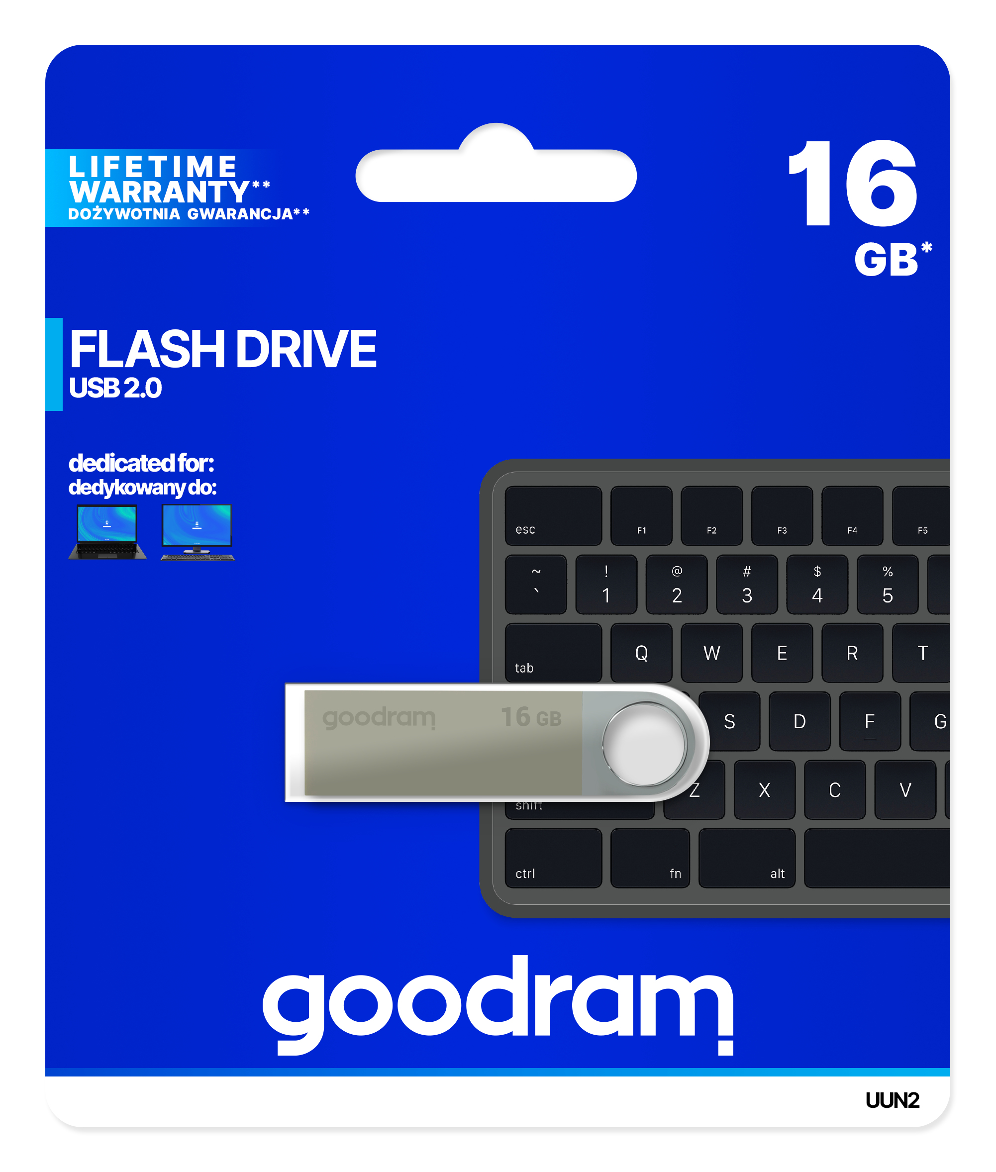 Pamięć flash w opakowaniu. Tekst: Pamięć Flash, 16 GB. Marka Goodram. USB 2.0. Czarna klawiatura w tle.