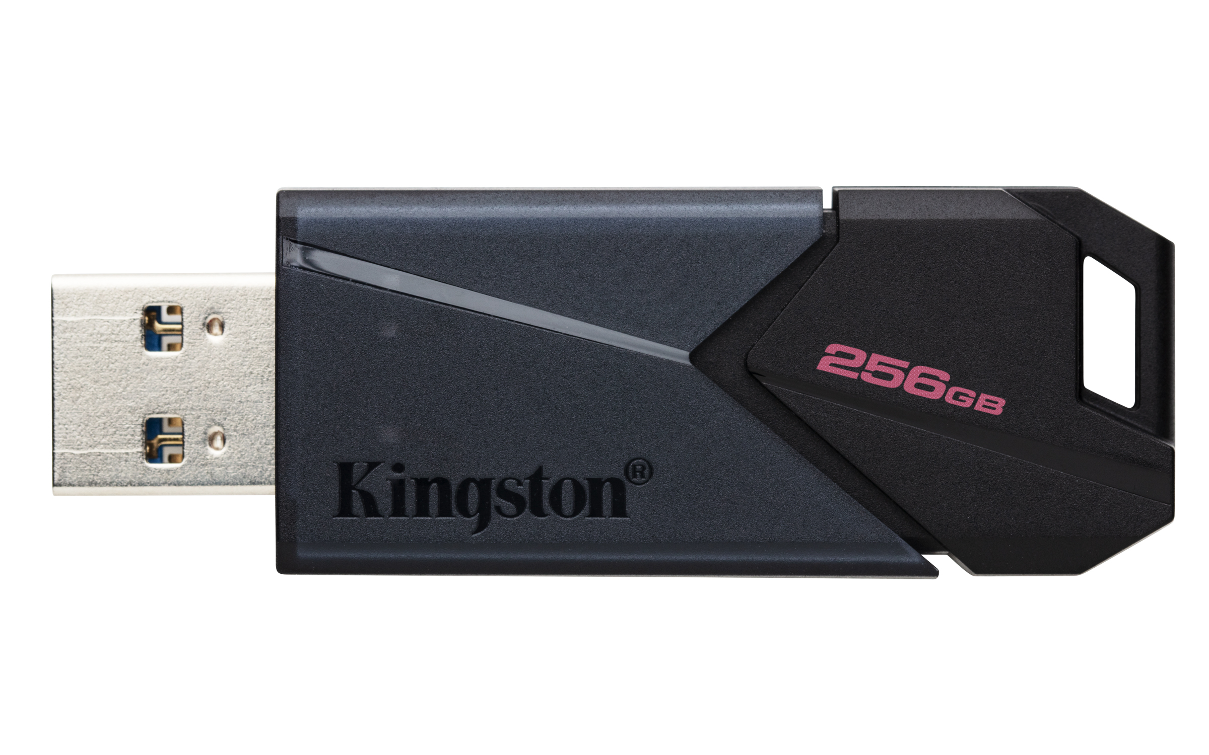 Pendrive Kingston. Czarny i szary z etykietą 256 GB. Widoczne logo Kingston.