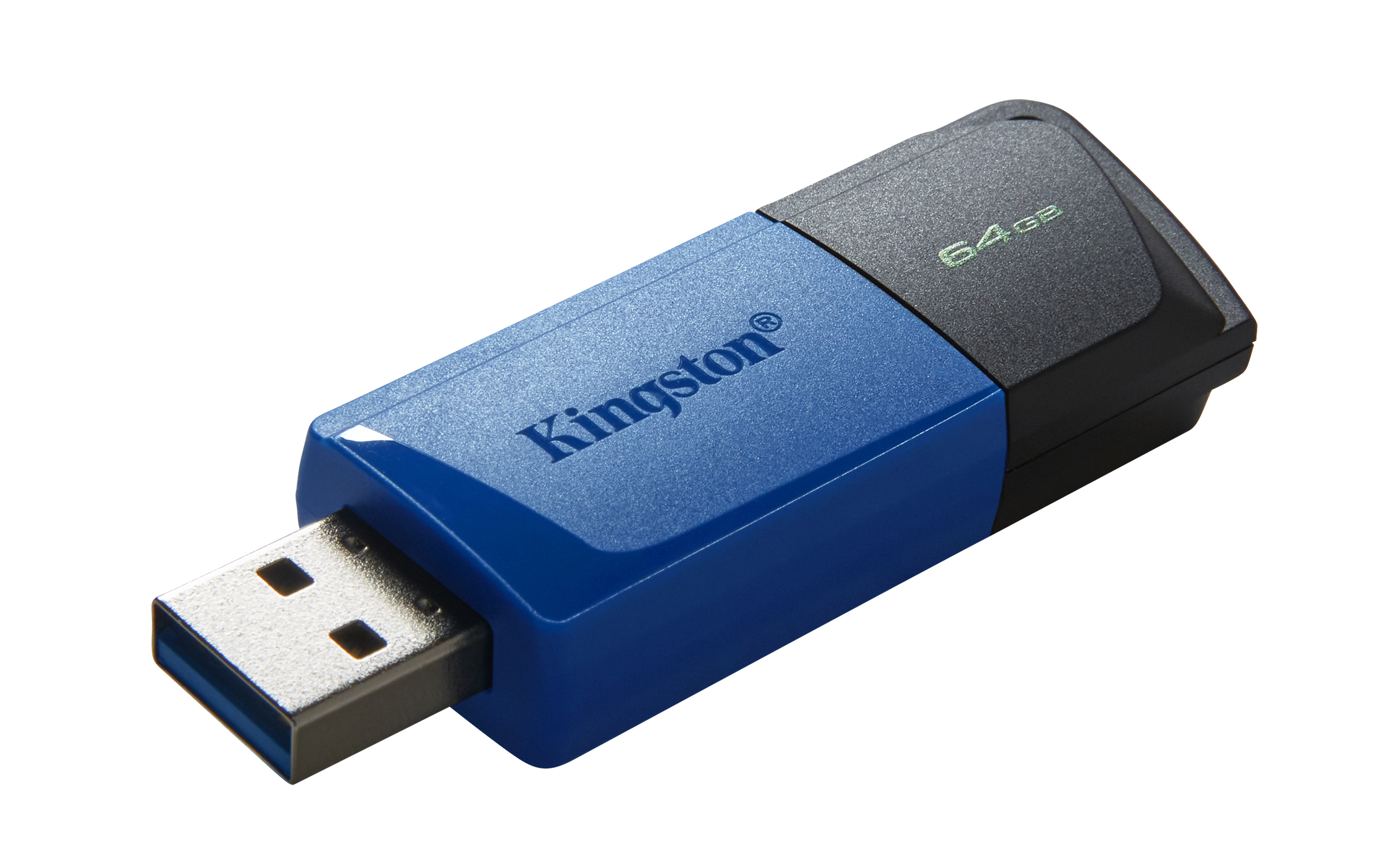 Niebiesko-czarny pendrive Kingston 64GB. Tło jest białe.