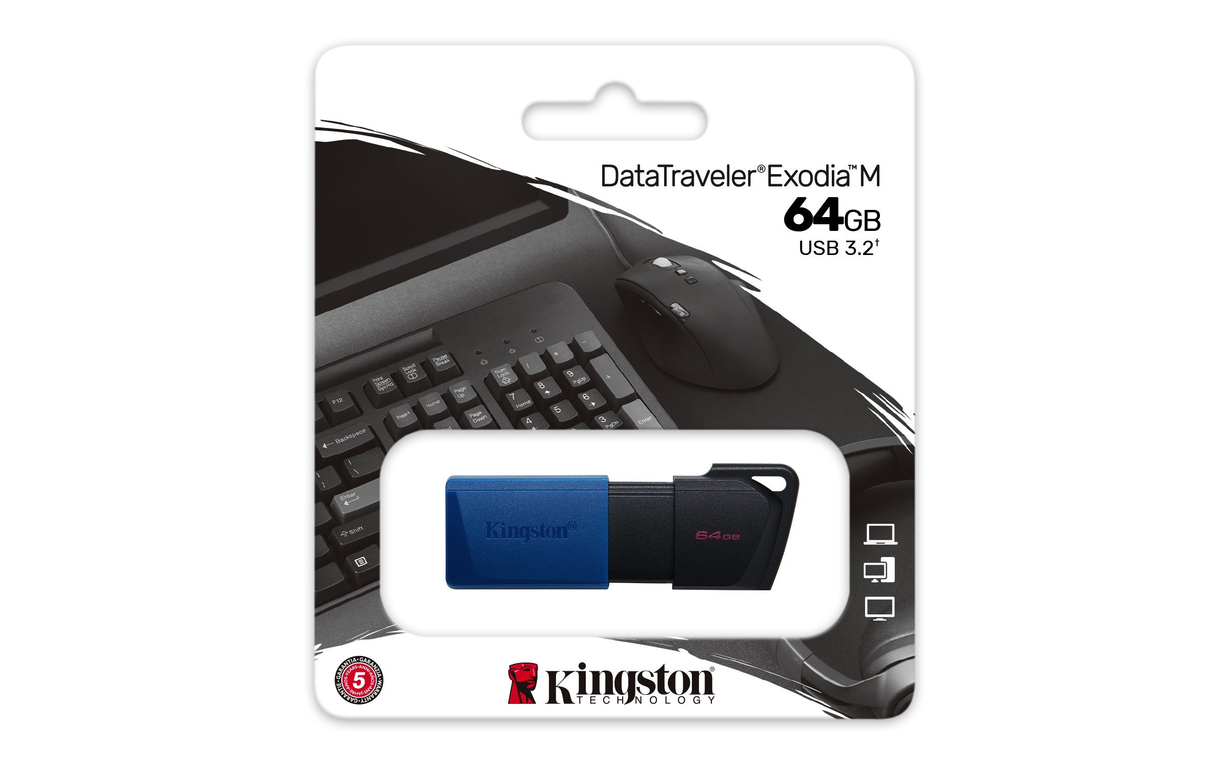 Pendrive Kingston w opakowaniu, z klawiaturą i myszą w tle.