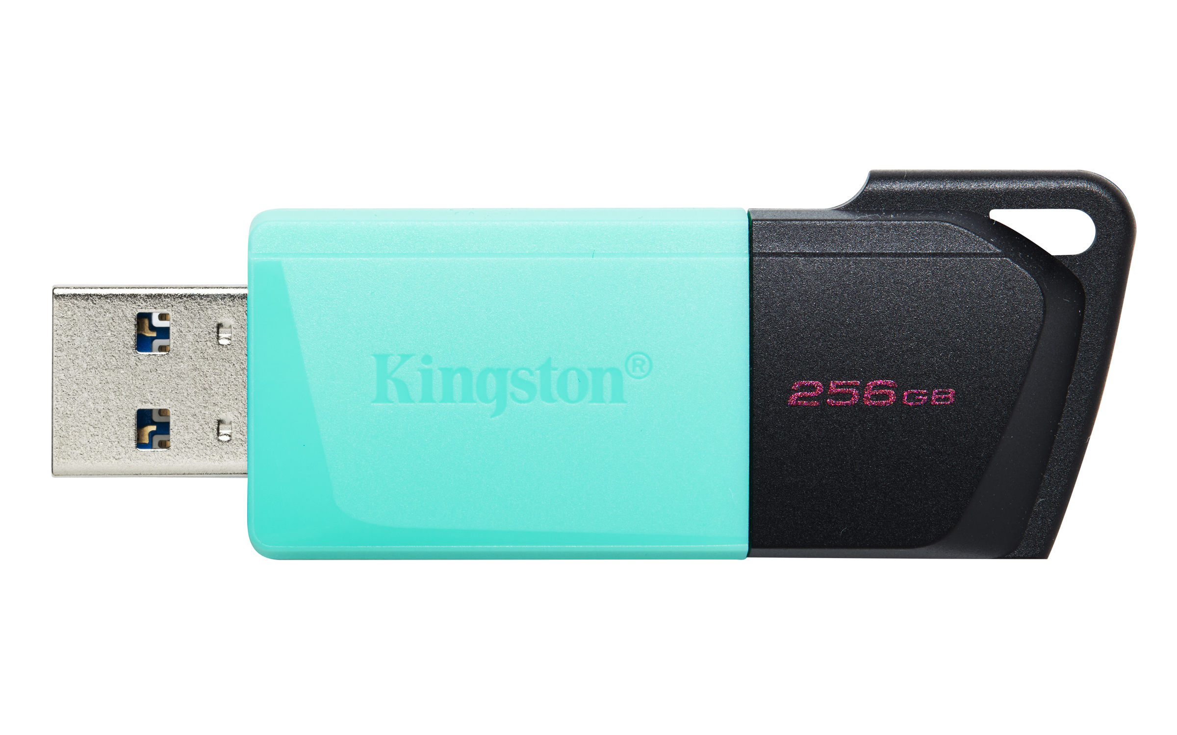 Niebiesko-czarny pendrive z logo Kingston i 256GB.