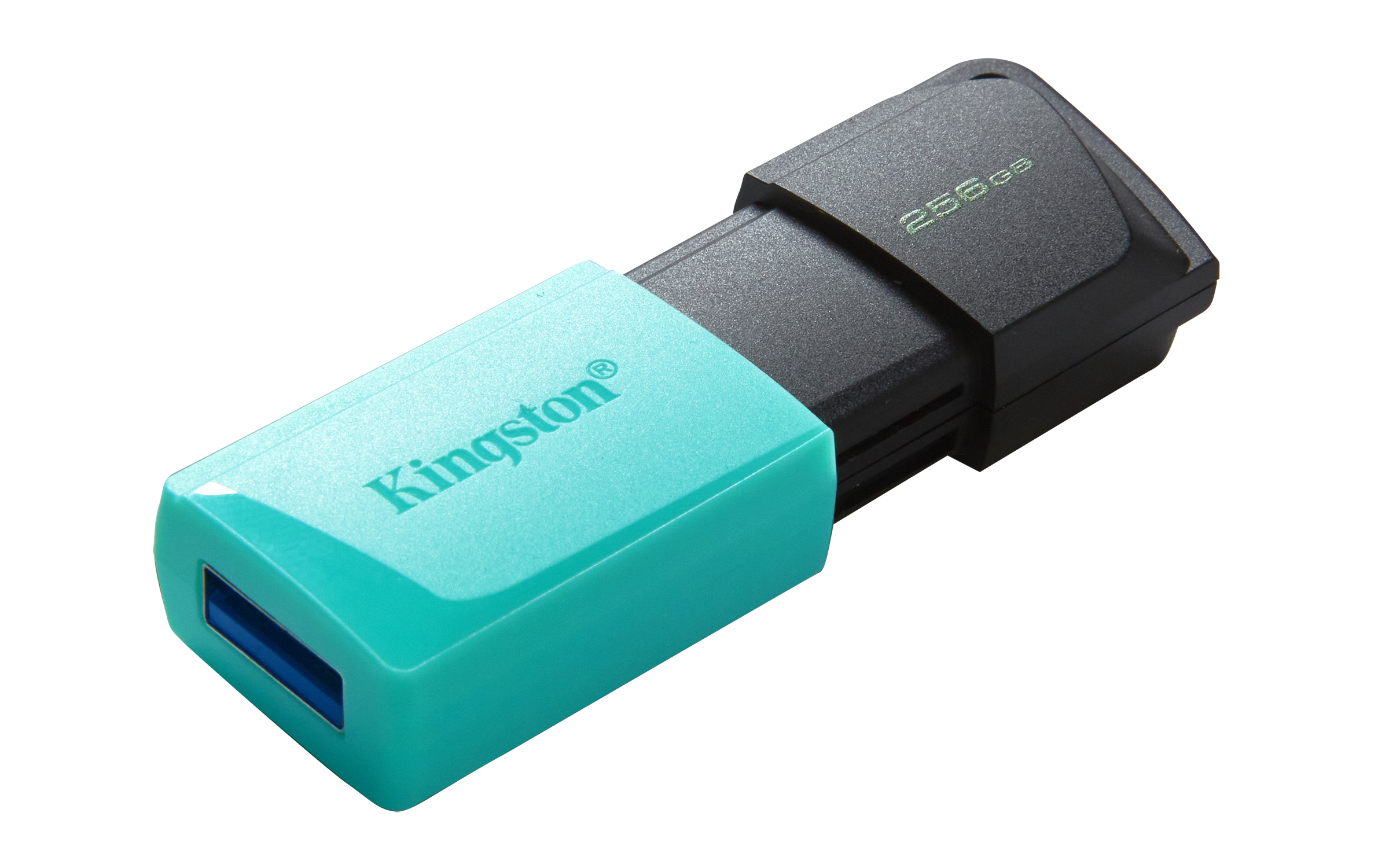 Niebiesko-czarny pendrive Kingston. Jest to dysk 256 GB z portem USB 3.0.