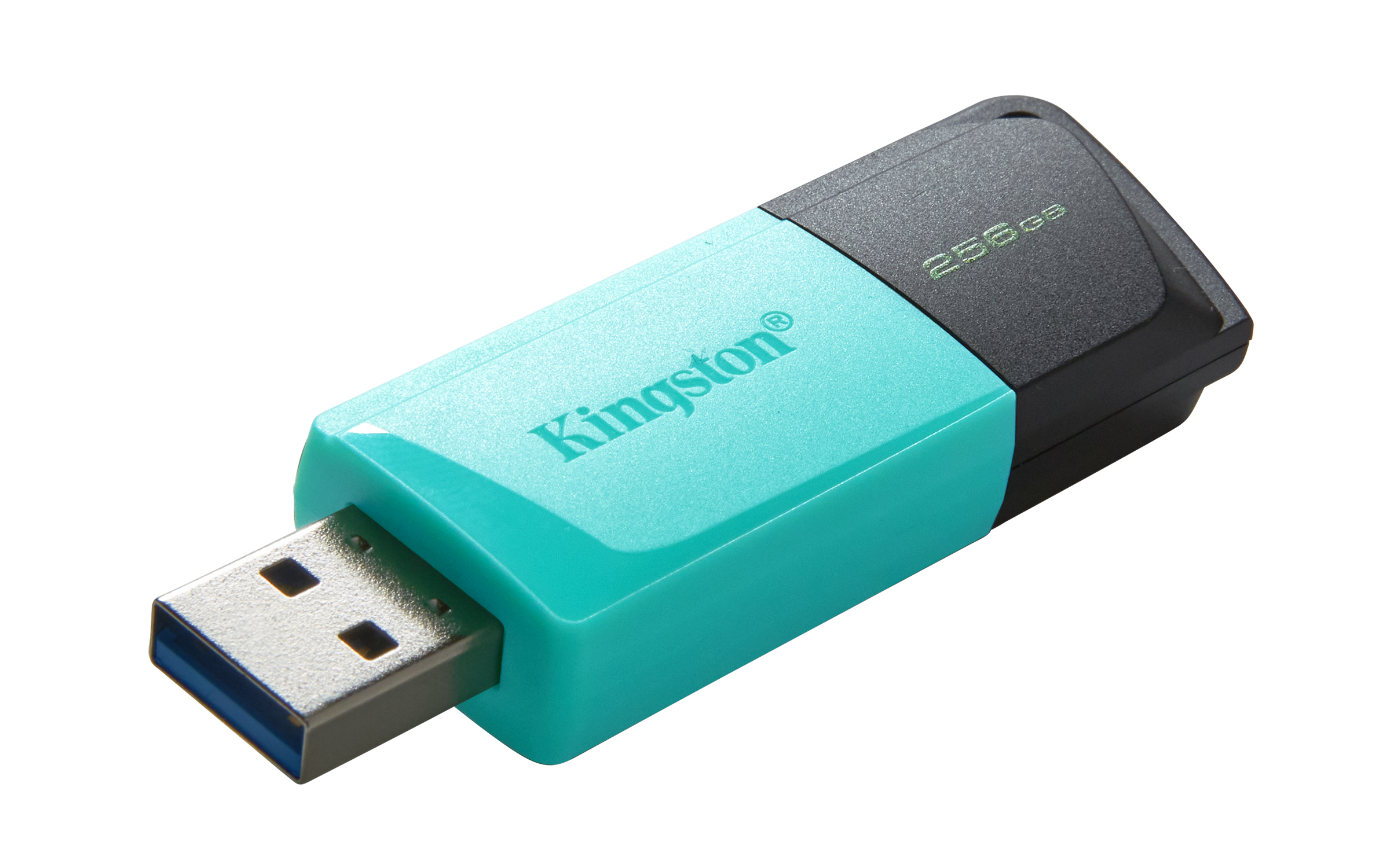 Pendrive Kingston, niebiesko-czarny, z logo Kingston na powierzchni.