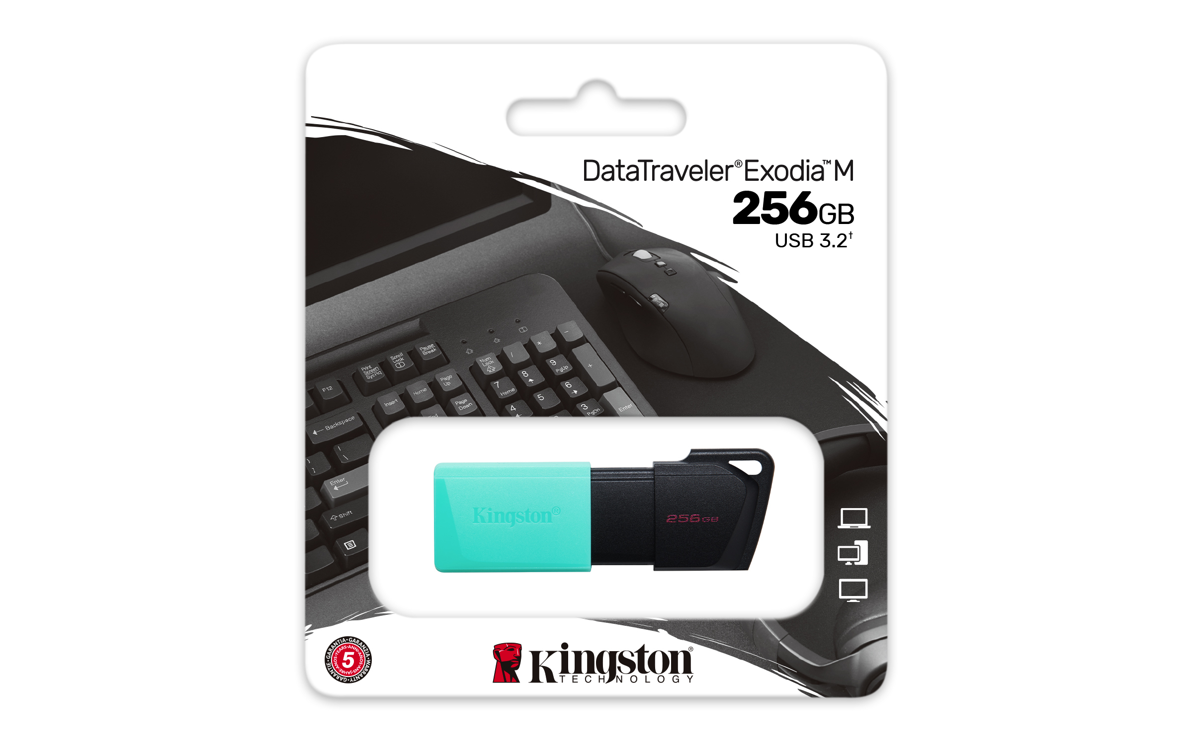 Pendrive Kingston DataTraveler Exodia M w opakowaniu, z czarnym i turkusowym designem.