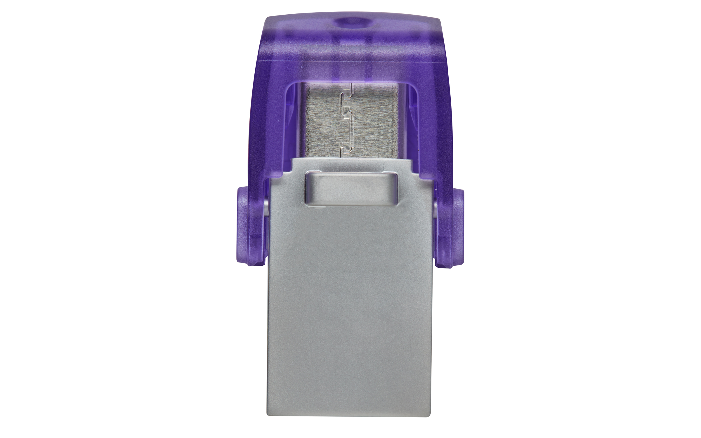 Fioletowy pendrive ze srebrnym złączem. Port USB widoczny.