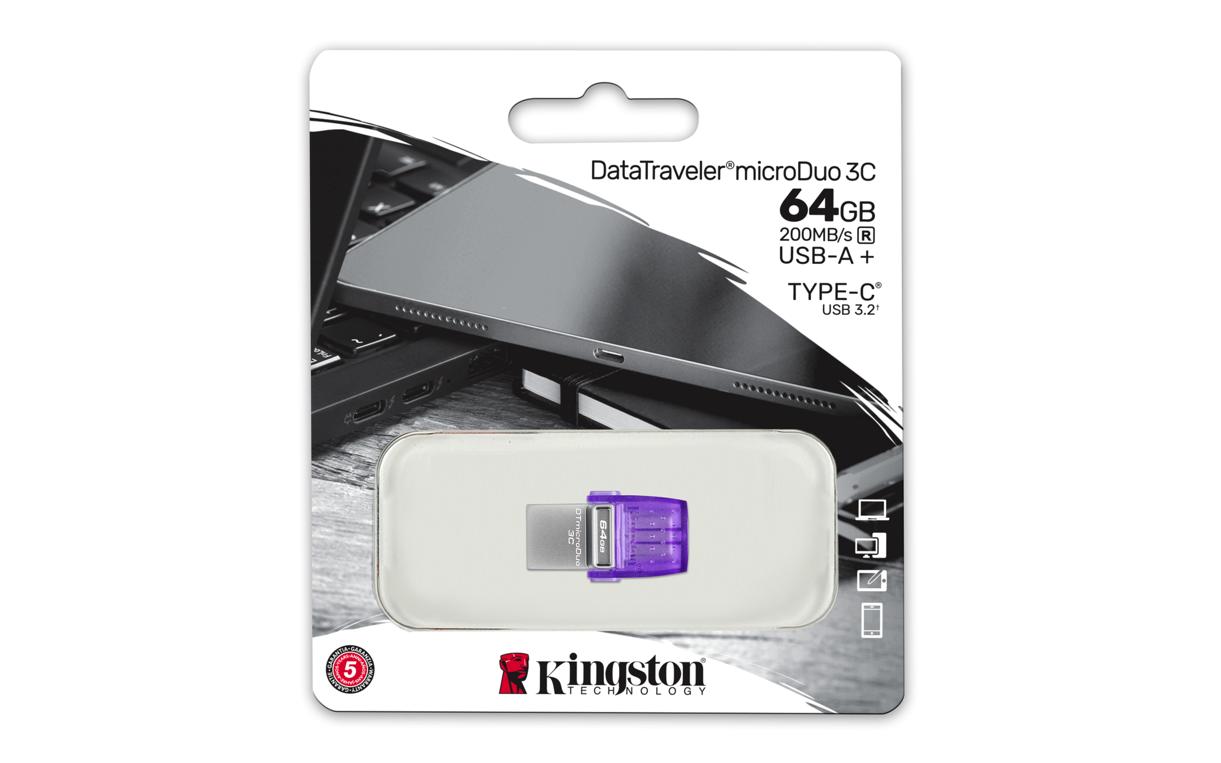 Opakowanie pendrive'a, DataTraveler microDuo 3C, 64GB. Pendrive jest biały i fioletowy.