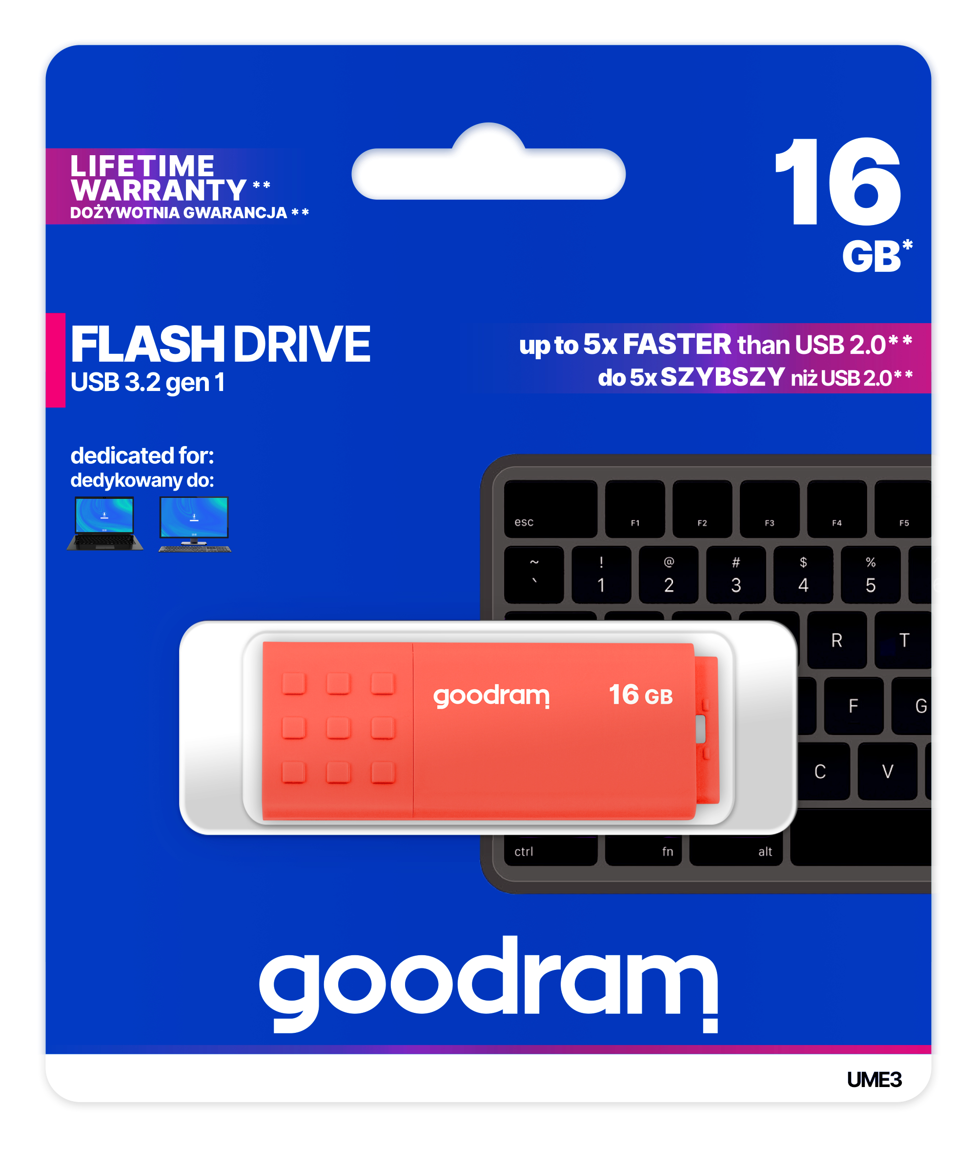 Opakowanie pomarańczowego pendrive'a USB 16 GB. Niebiesko-białe z tekstem.