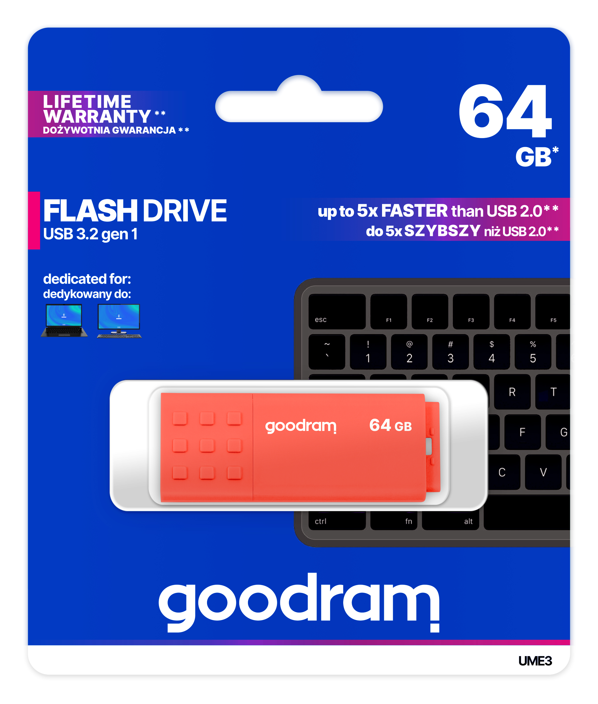 Pamięć flash w opakowaniu z tekstem, promująca 64 GB pamięci i USB 3.2 gen 1.