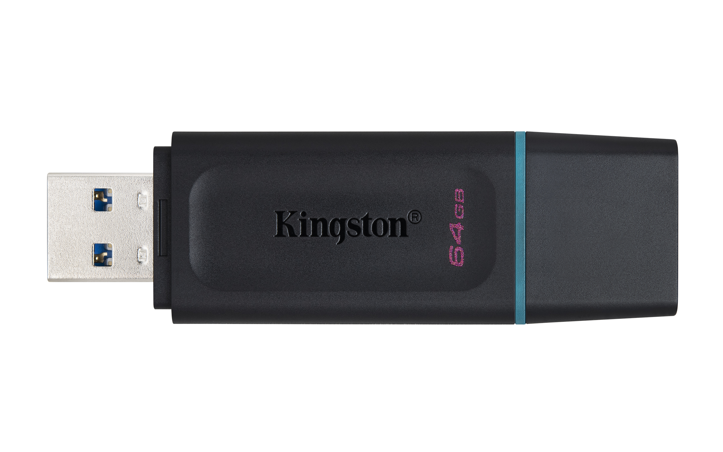 Czarny pendrive Kingston 64GB. Ma niebieski pasek i złącze USB 3.0.
