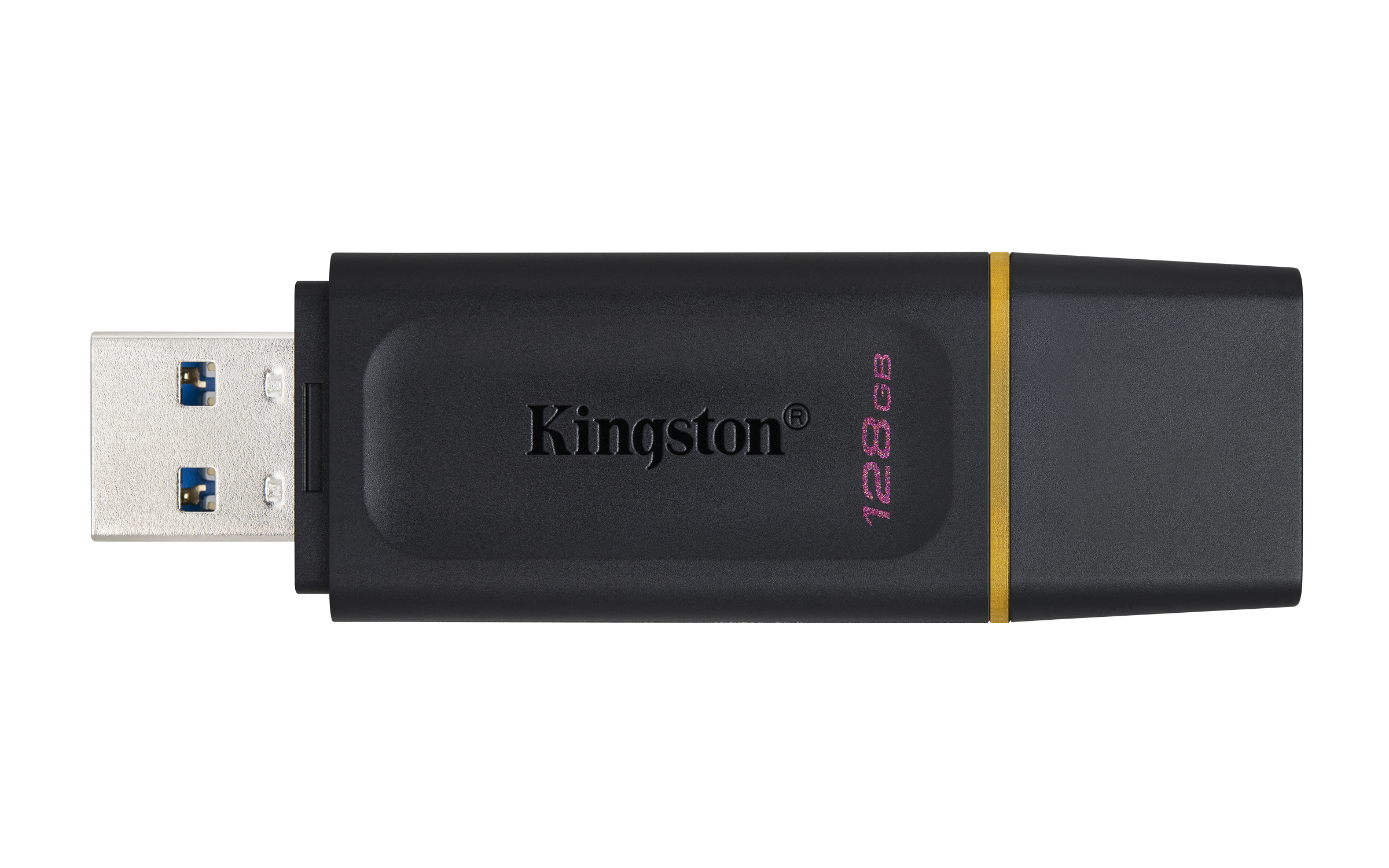 Czarny pendrive Kingston 128 GB, srebrne złącze USB, białe tło.