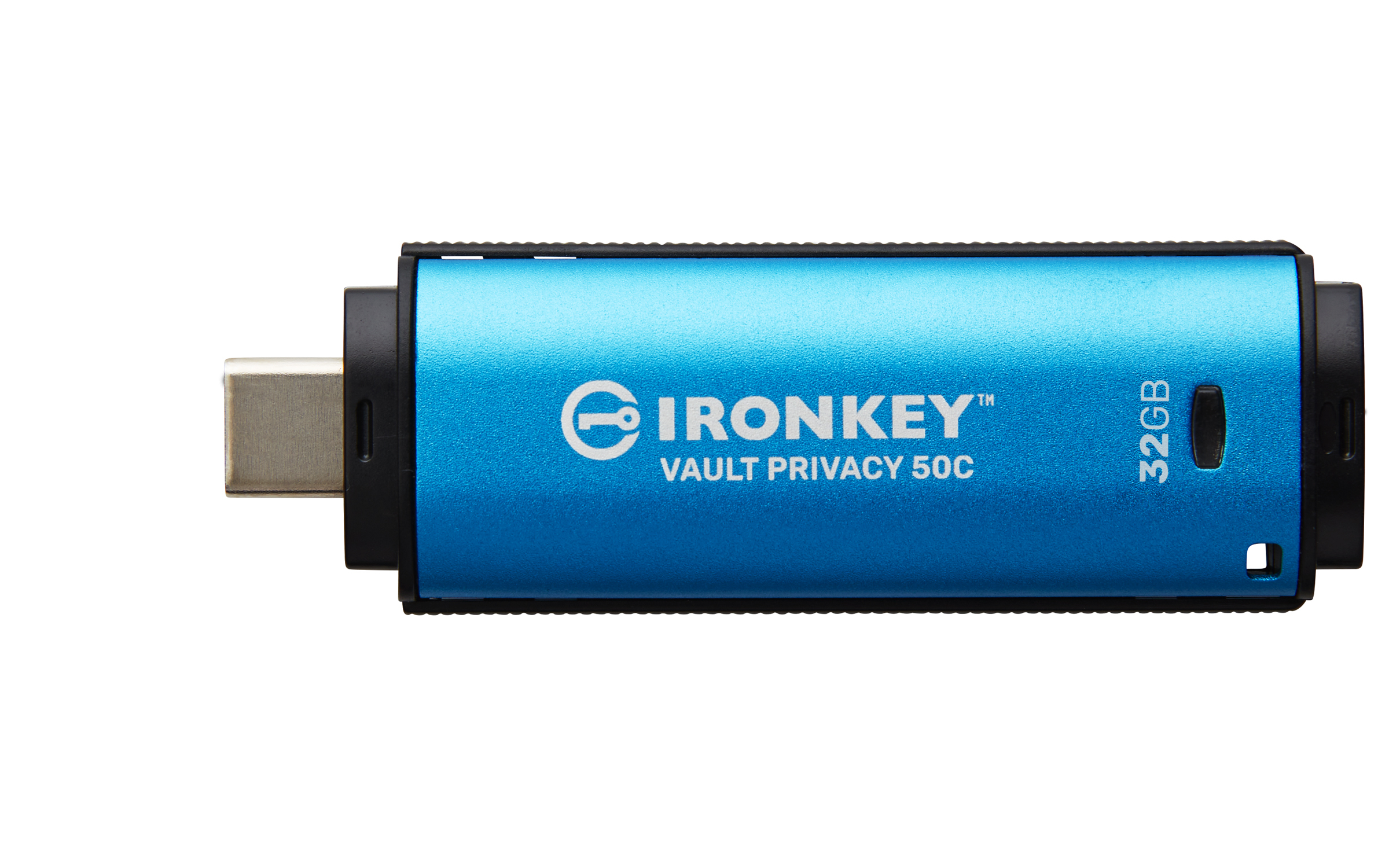 Niebieski pendrive USB ze srebrnym złączem. Tekst: IRONYKEY VAULT PRIVACY 50C.