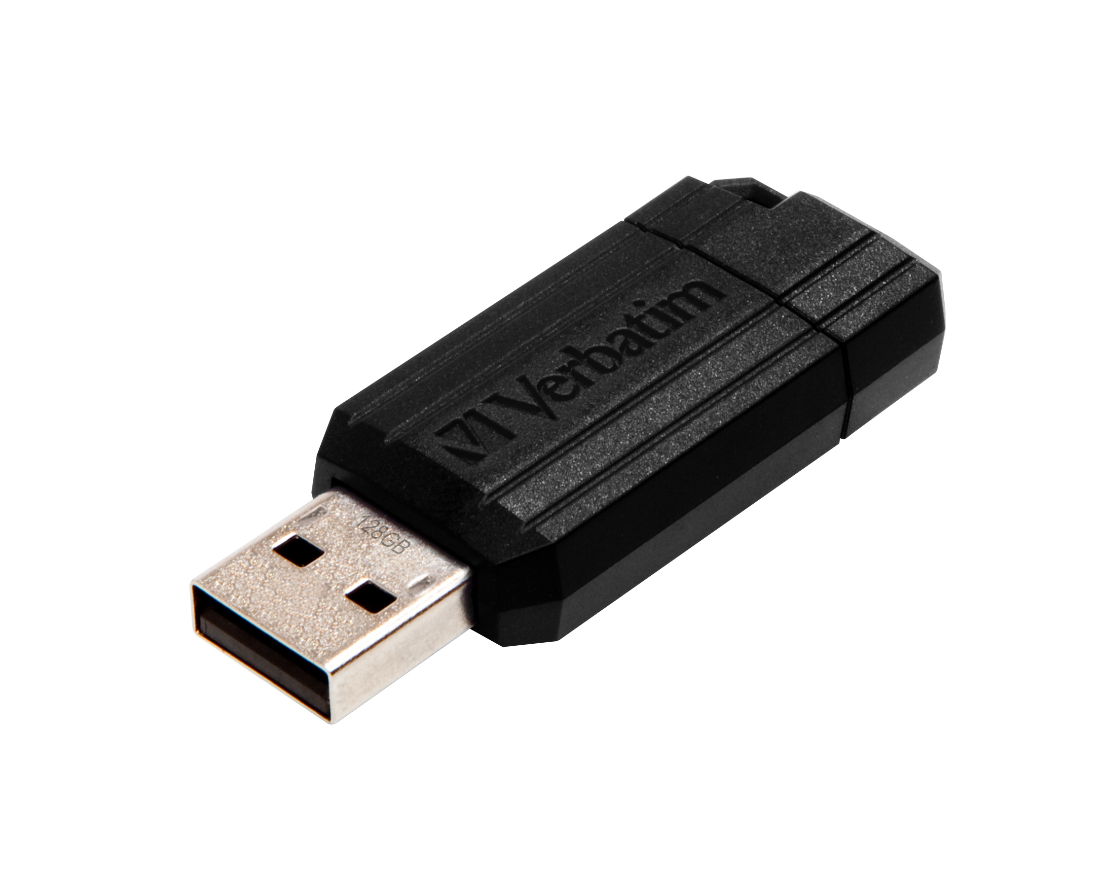 Czarny pendrive USB z logo 'Verbatim'. Jest podłączony i ma etykietę 128 GB. Białe tło.