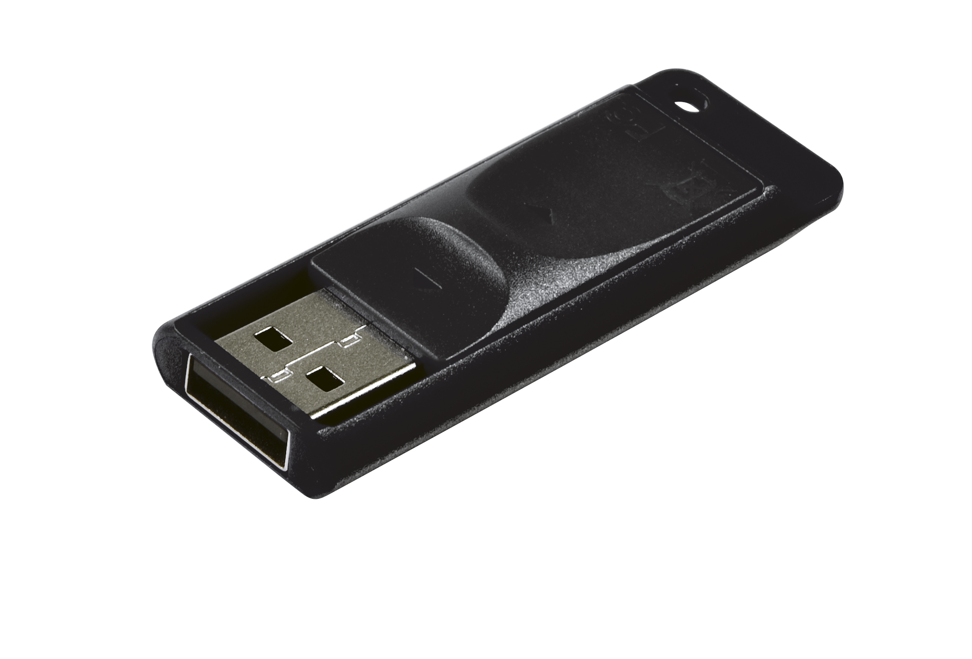 Czarny pendrive USB. Widoczne złącze USB. Dysk na białym tle.