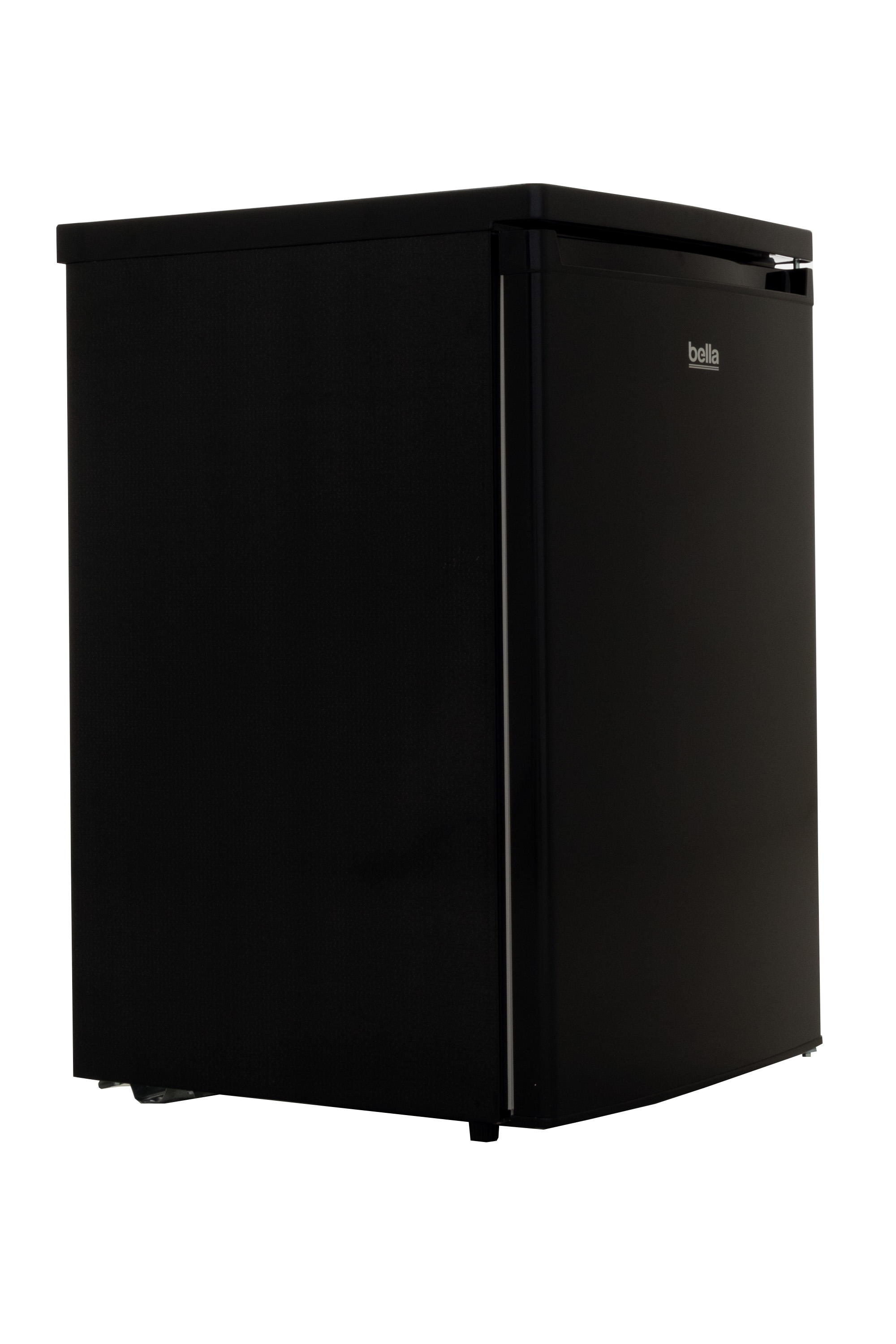 Réfrigérateur Bella noir, porte à droite, intérieur blanc, sur fond blanc.