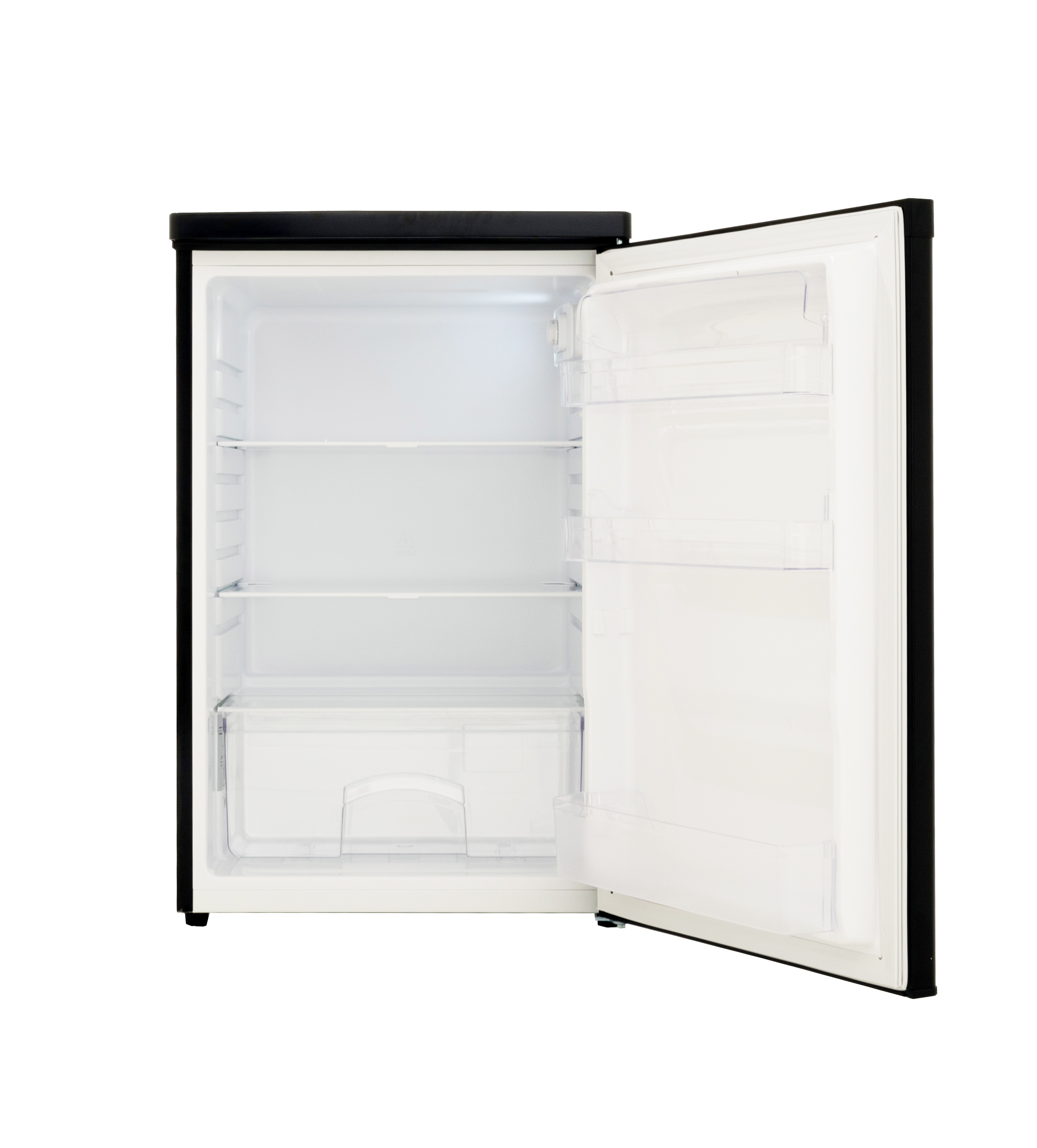 Réfrigérateur blanc avec la porte ouverte, révélant des étagères et un espace de stockage.