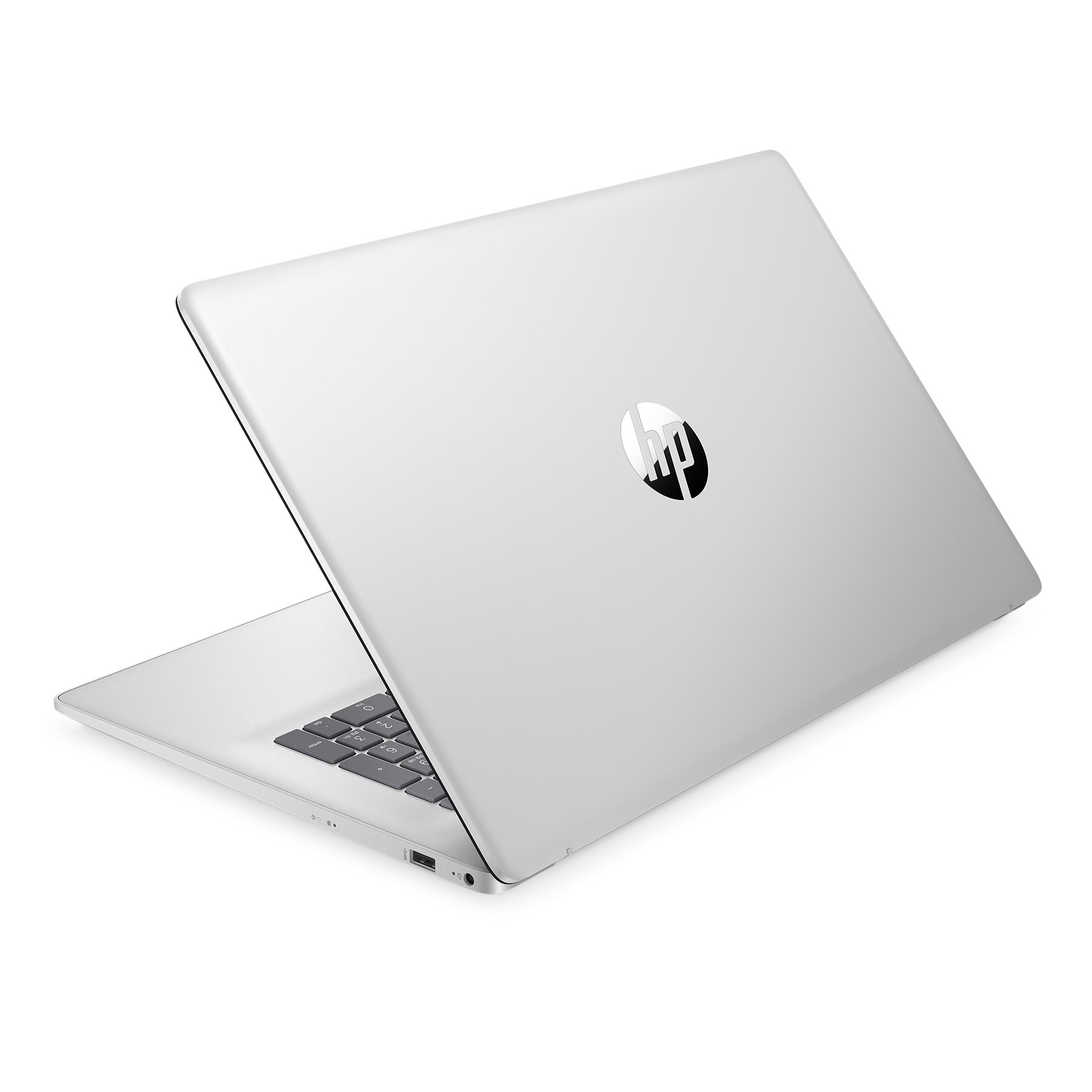 Silberner HP-Laptop, teilweise geöffnet, Tastatur zeigend.