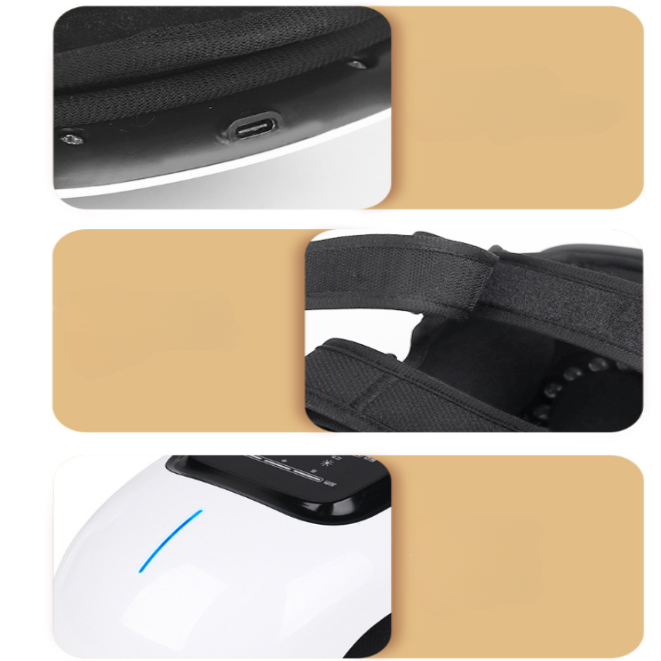 Nahaufnahmen eines schwarz-weißen Kopfmassagegeräts mit USB-Anschluss und verstellbaren Riemen.