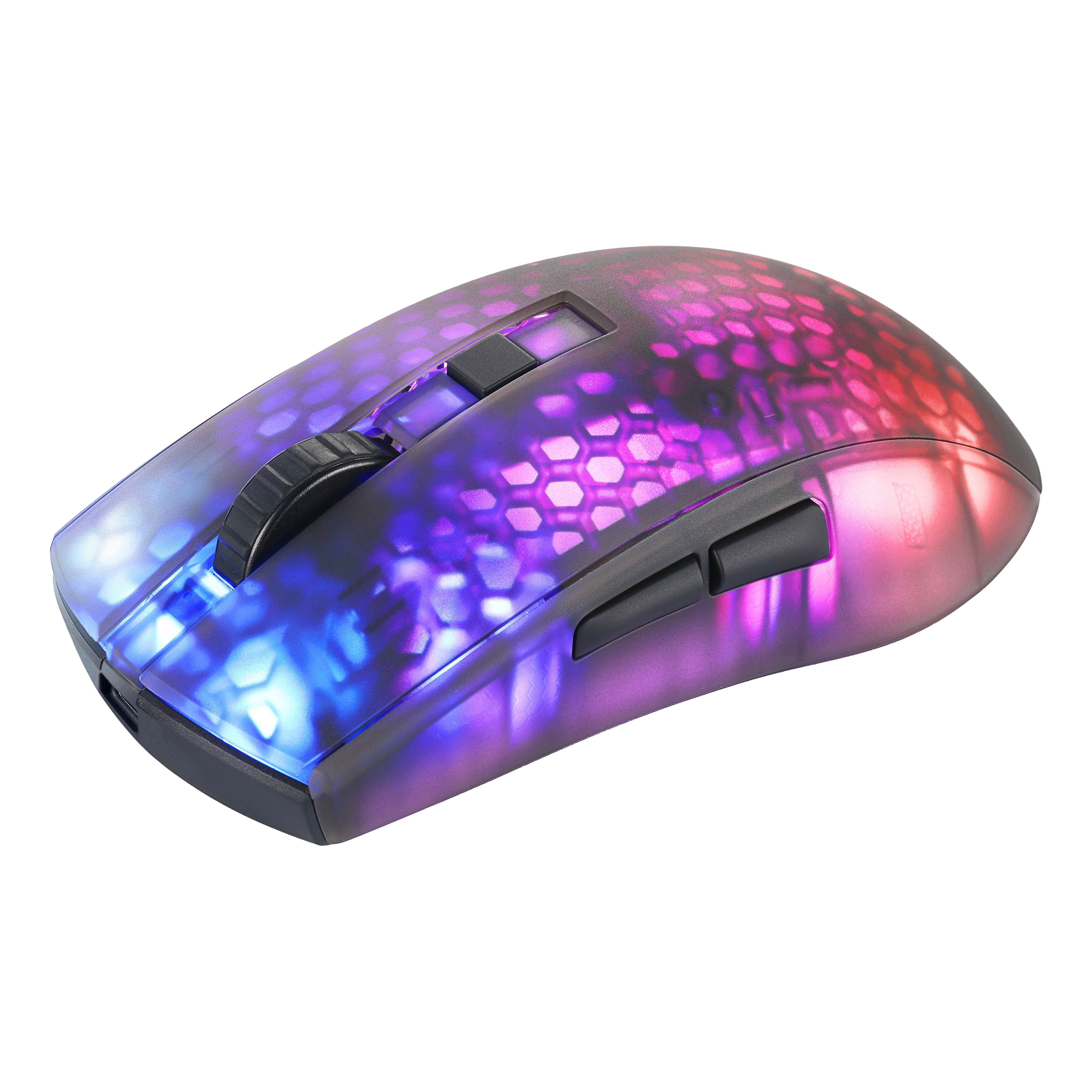 Gaming-Maus mit farbenfroher LED-Beleuchtung, schwarzen Tasten und einem Scrollrad.
