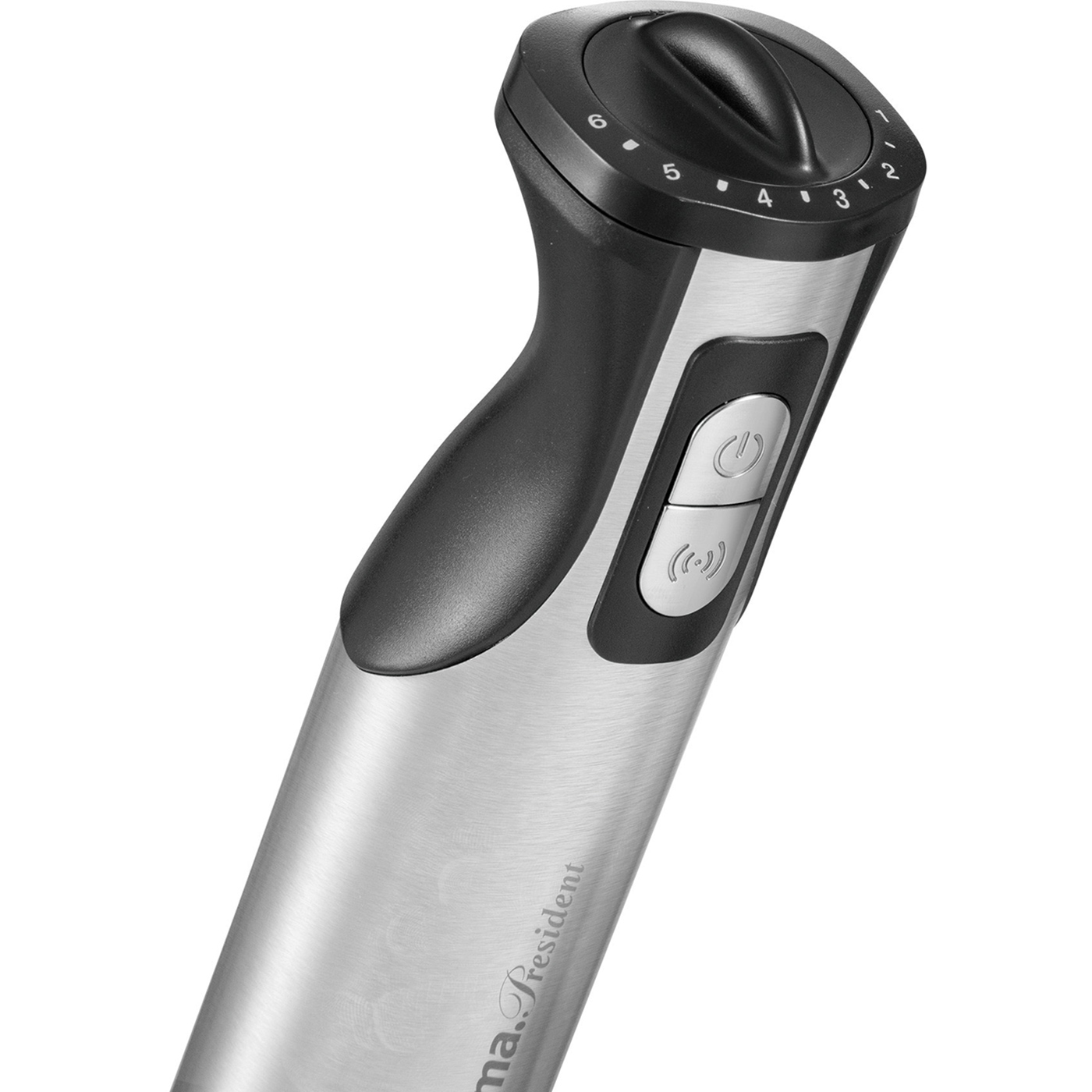 Handmixer, silber mit schwarzem Griff. Einstellungen sichtbar.