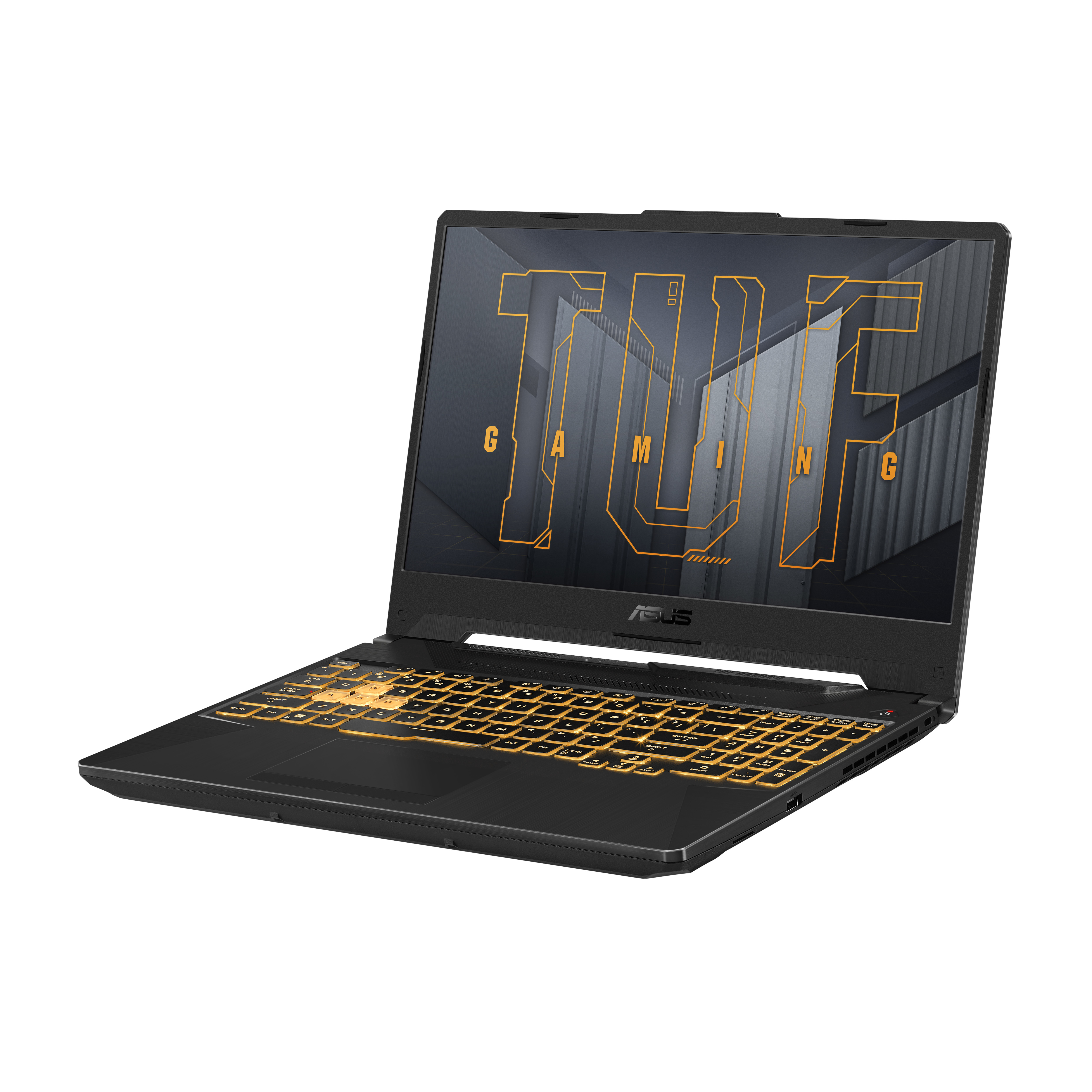 Laptop angolato con tastiera in stile gaming, che mostra una grafica sullo schermo, marchio ASUS TUF.