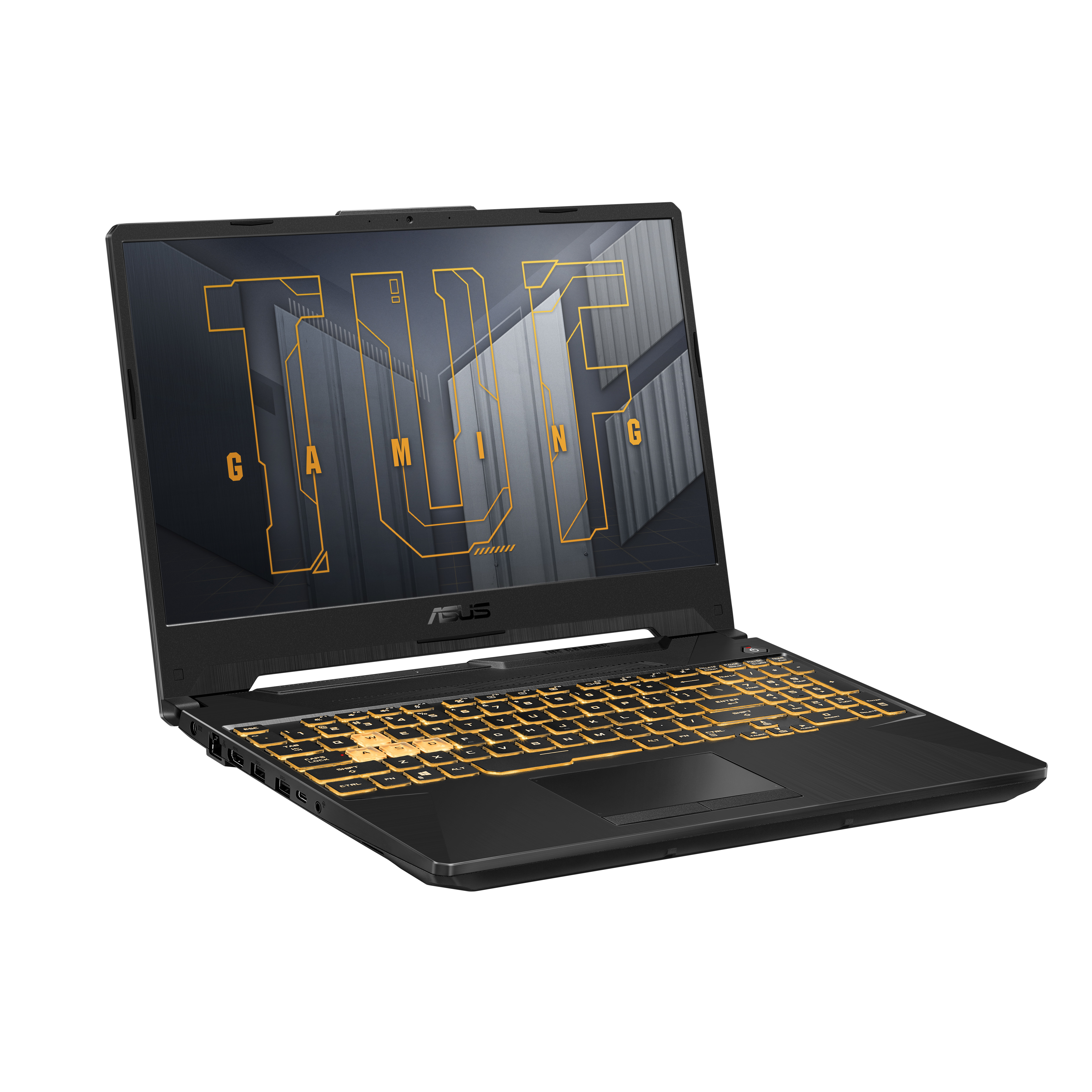Laptop da gioco nero e grigio con tastiera gialla. Sfondo nero.