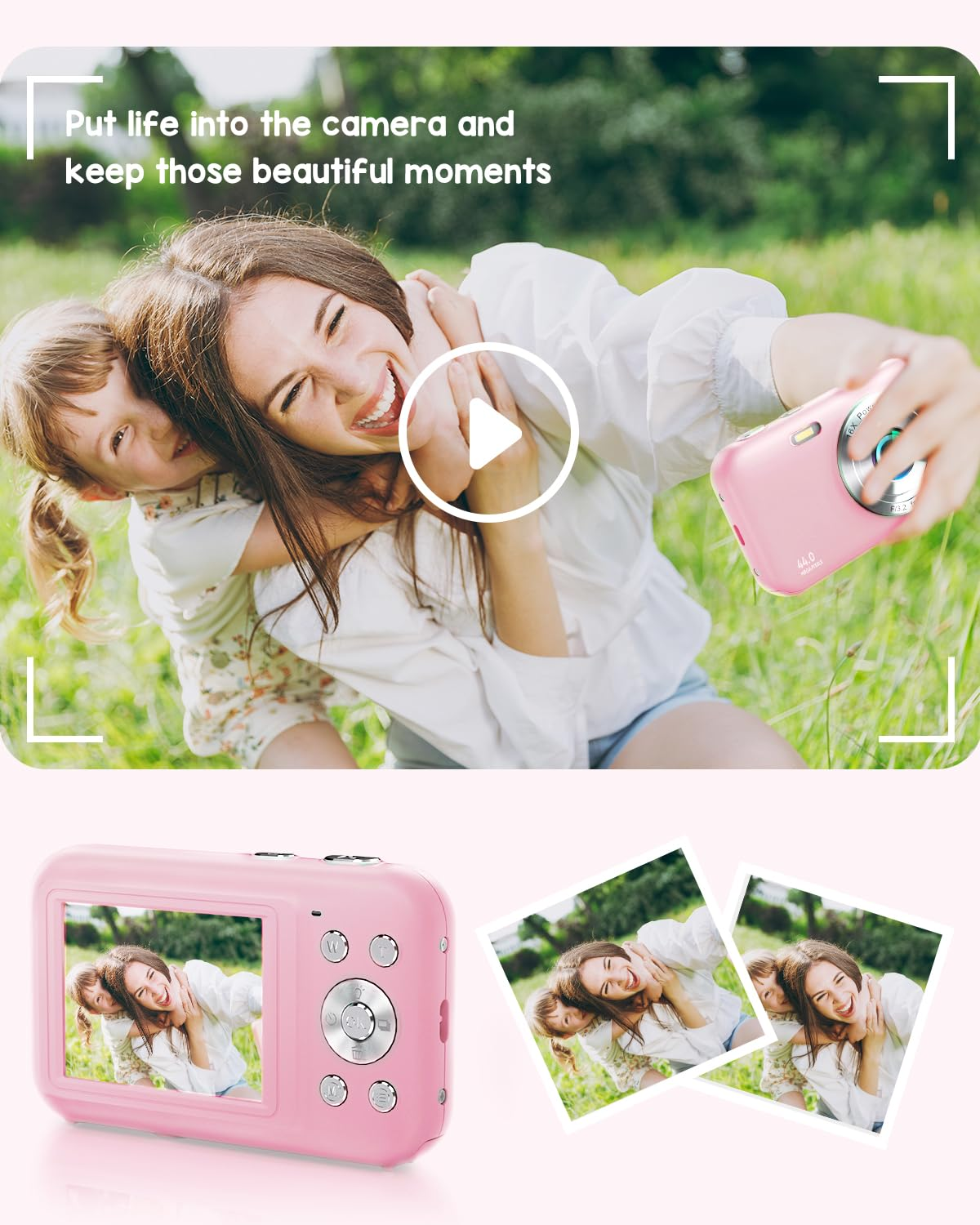 Matka i córka robią selfie różowym aparatem. Pokazano dwa zdjęcia z aparatu.
