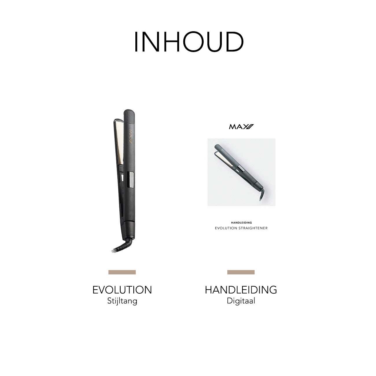 Image of hair straightener and the box it came in. Text in Dutch.
