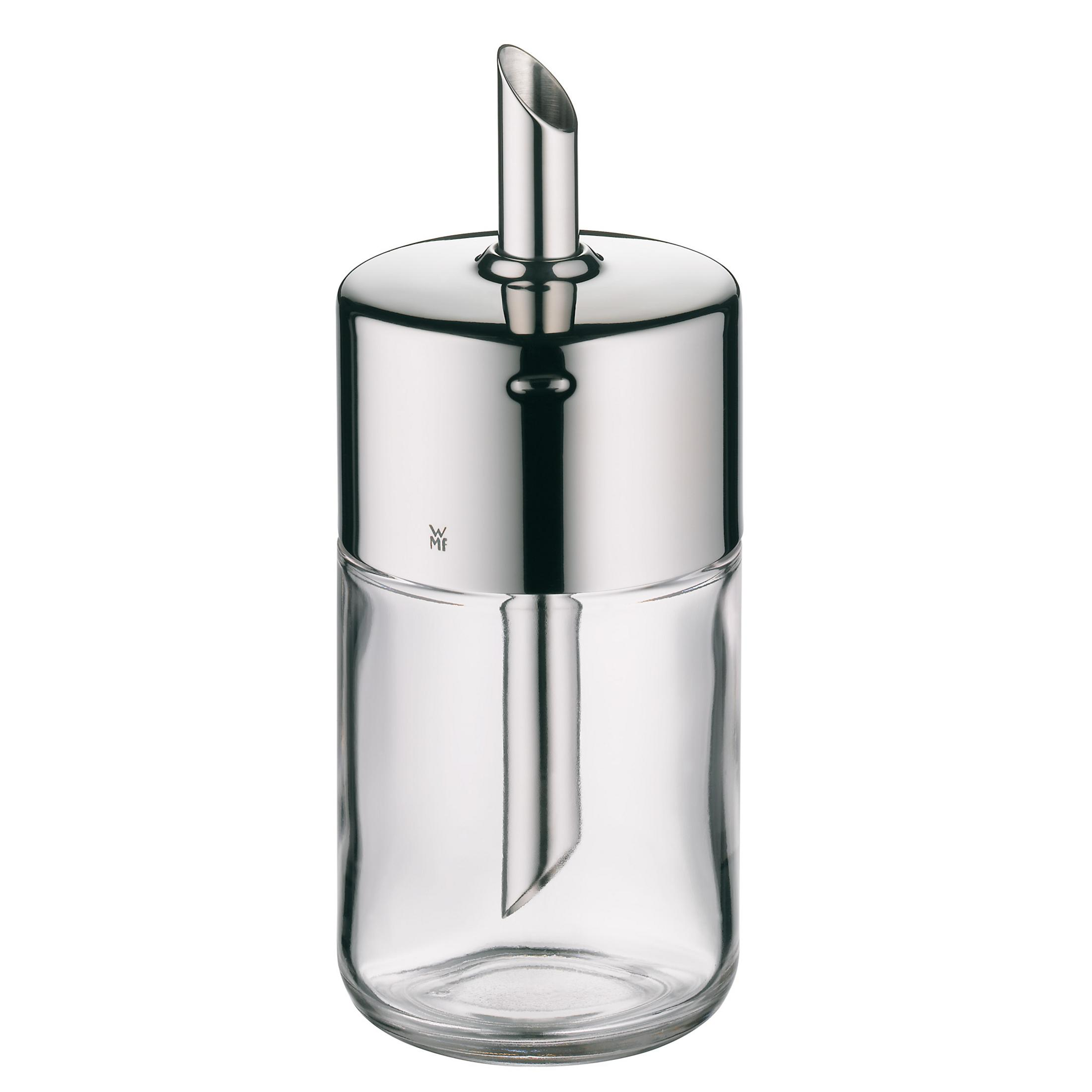 Zuckerstreuer aus Glas mit Edelstahl-Oberteil und Ausgießer. Klarer Glaskörper.