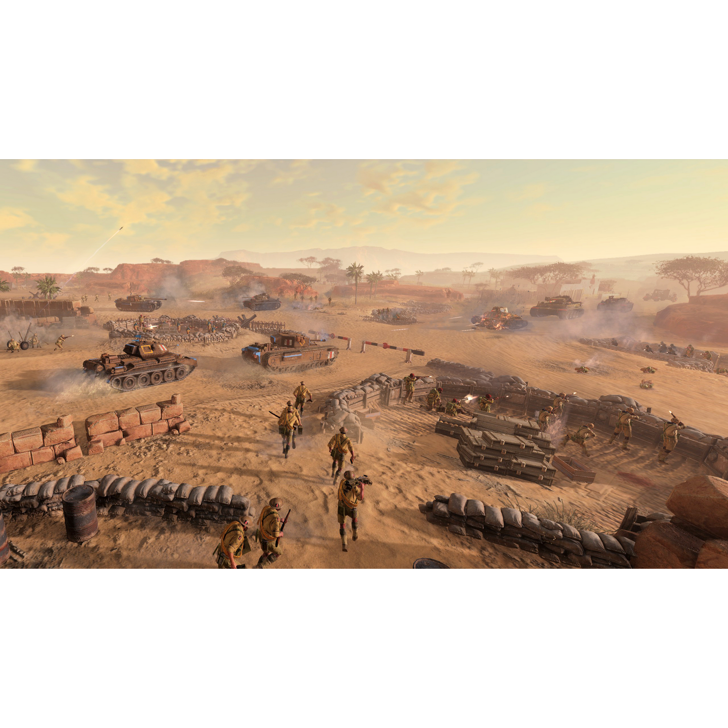 Scena z gry wideo z czołgami i żołnierzami w pustynnym krajobrazie. Temat wojny.