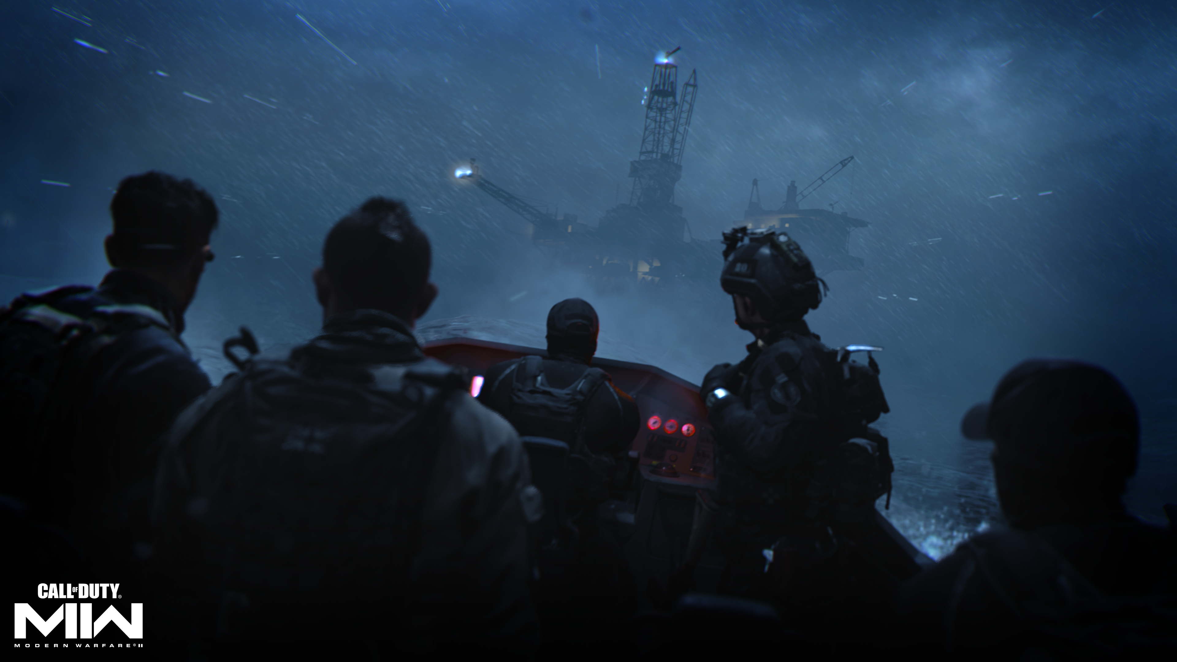 Mężczyźni w łodzi na morzu z platformą wiertniczą w tle, pod burzliwym niebem. Logo Call of Duty.