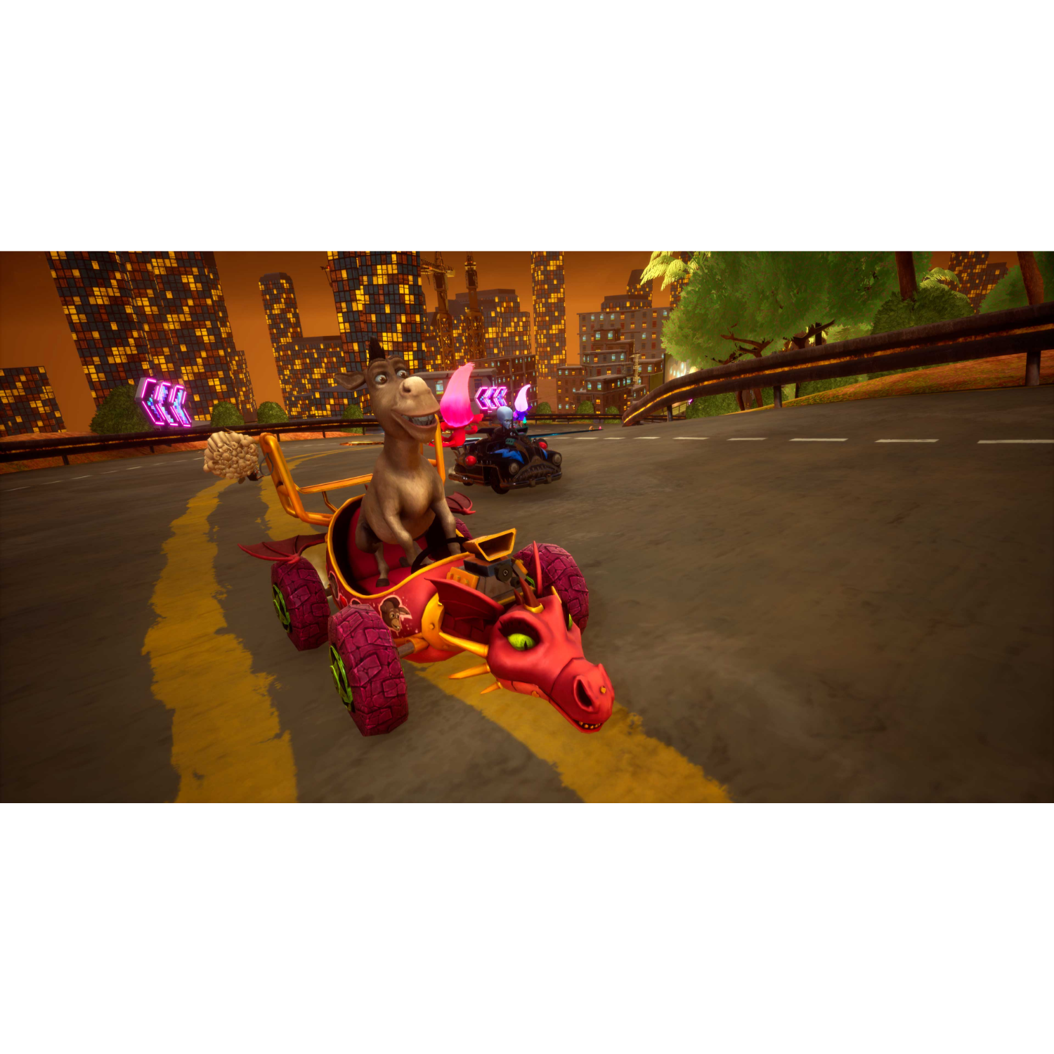 Gra wyścigowa Shrek z Osłem prowadzącym samochód w stylu smoka.