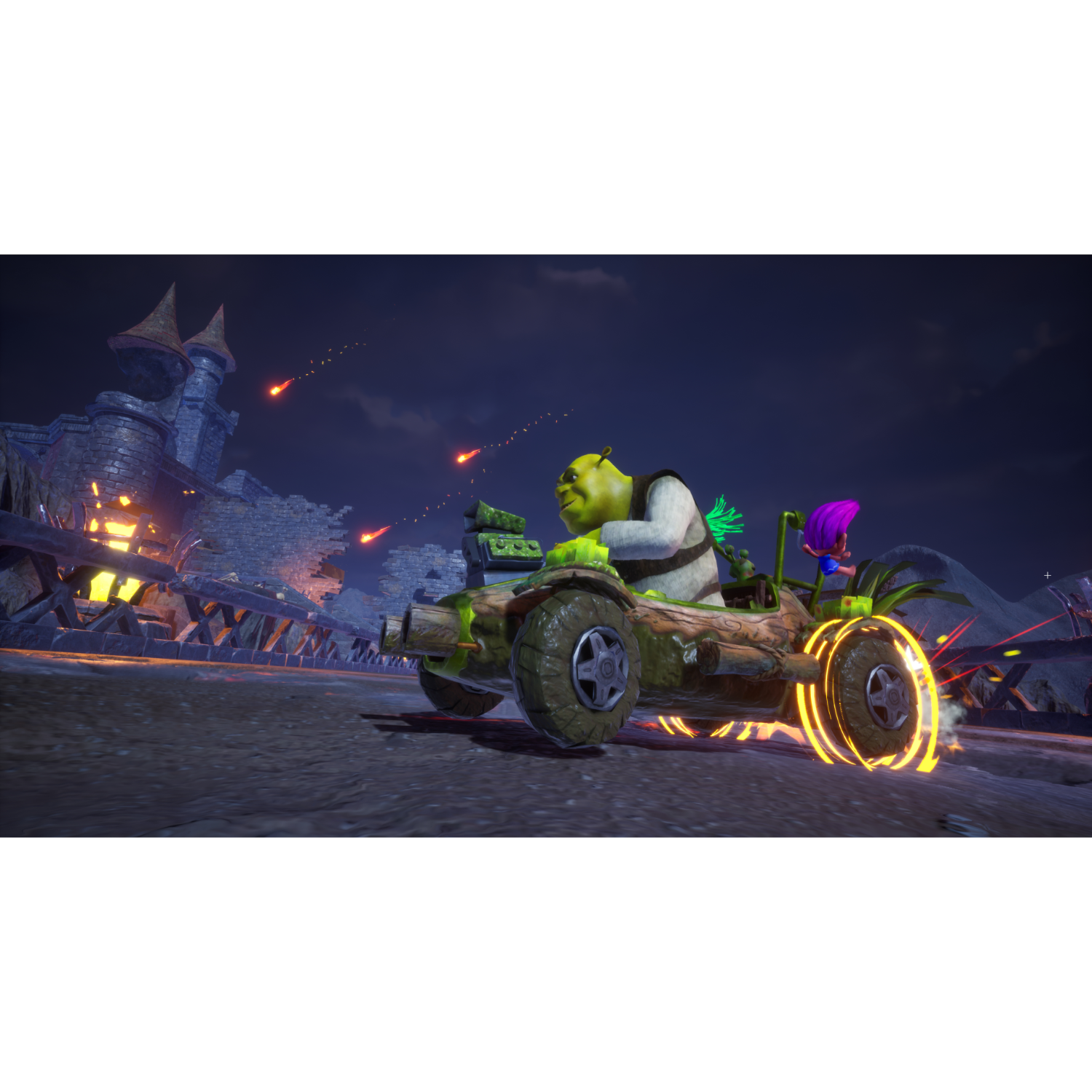 Scena z gry wideo z Shrekiem jadącym wózkiem z inną postacią, w mrocznym otoczeniu.