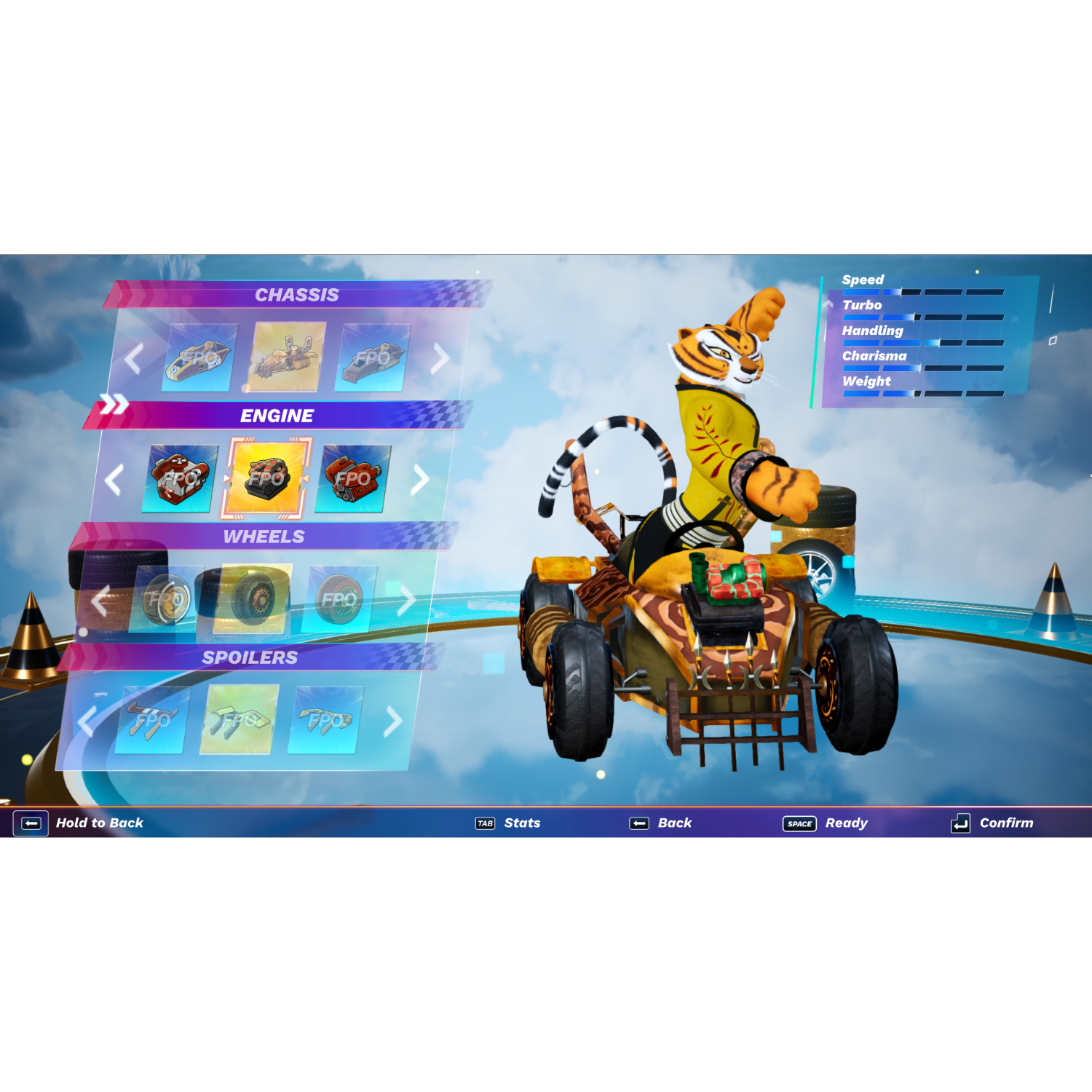 Postać Kung Fu Pandy w pojeździe, z wyświetlanymi statystykami gry.