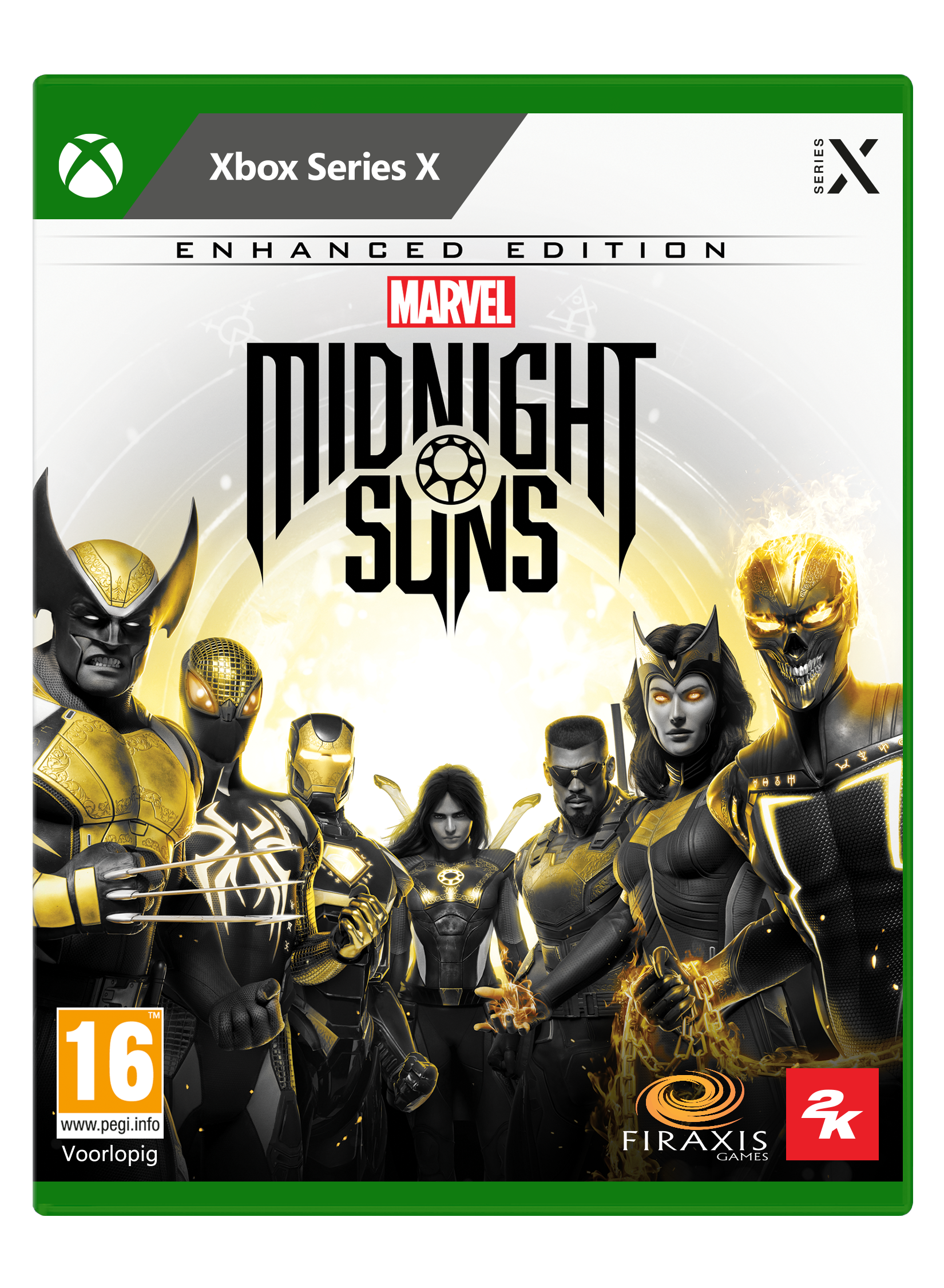 Copertina del gioco Xbox Series X 'Marvel Midnight Suns', con un gruppo di supereroi in oro.