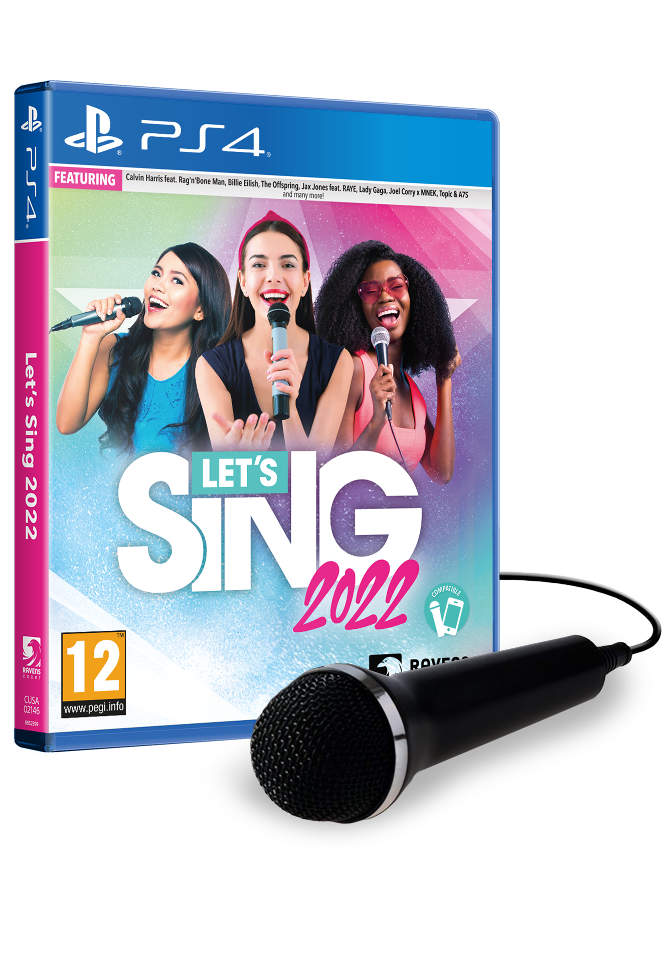 Copertina del gioco Let's Sing 2022 con cantanti e un microfono davanti.