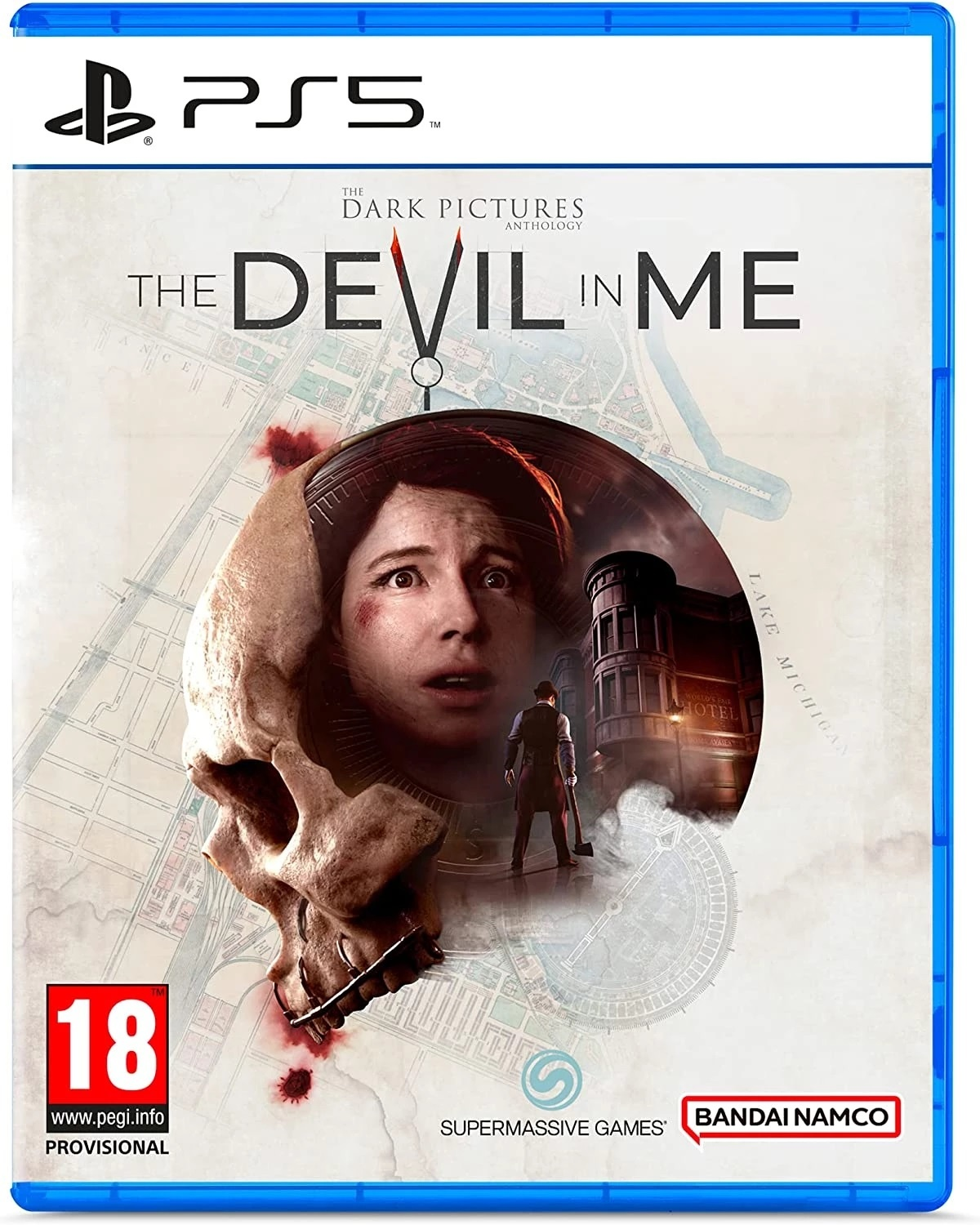 Copertina del gioco PS5: 'The Devil in Me'. Una donna con un teschio e una figura sullo sfondo.