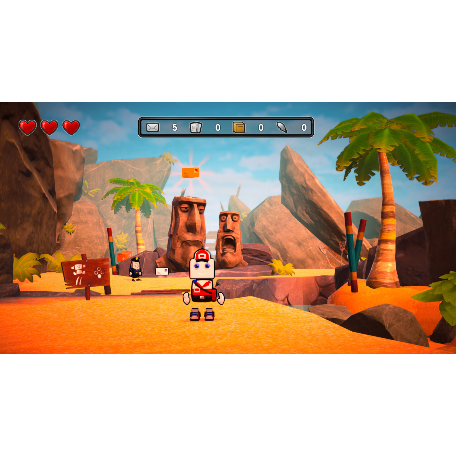 Postać z kreskówki stoi przed dwoma posągami moai. Palmy w tle.