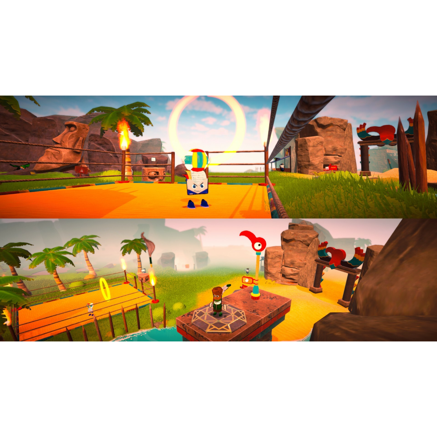 Widok z góry na kolorowe środowisko gry z ringiem bokserskim i innymi elementami gry.