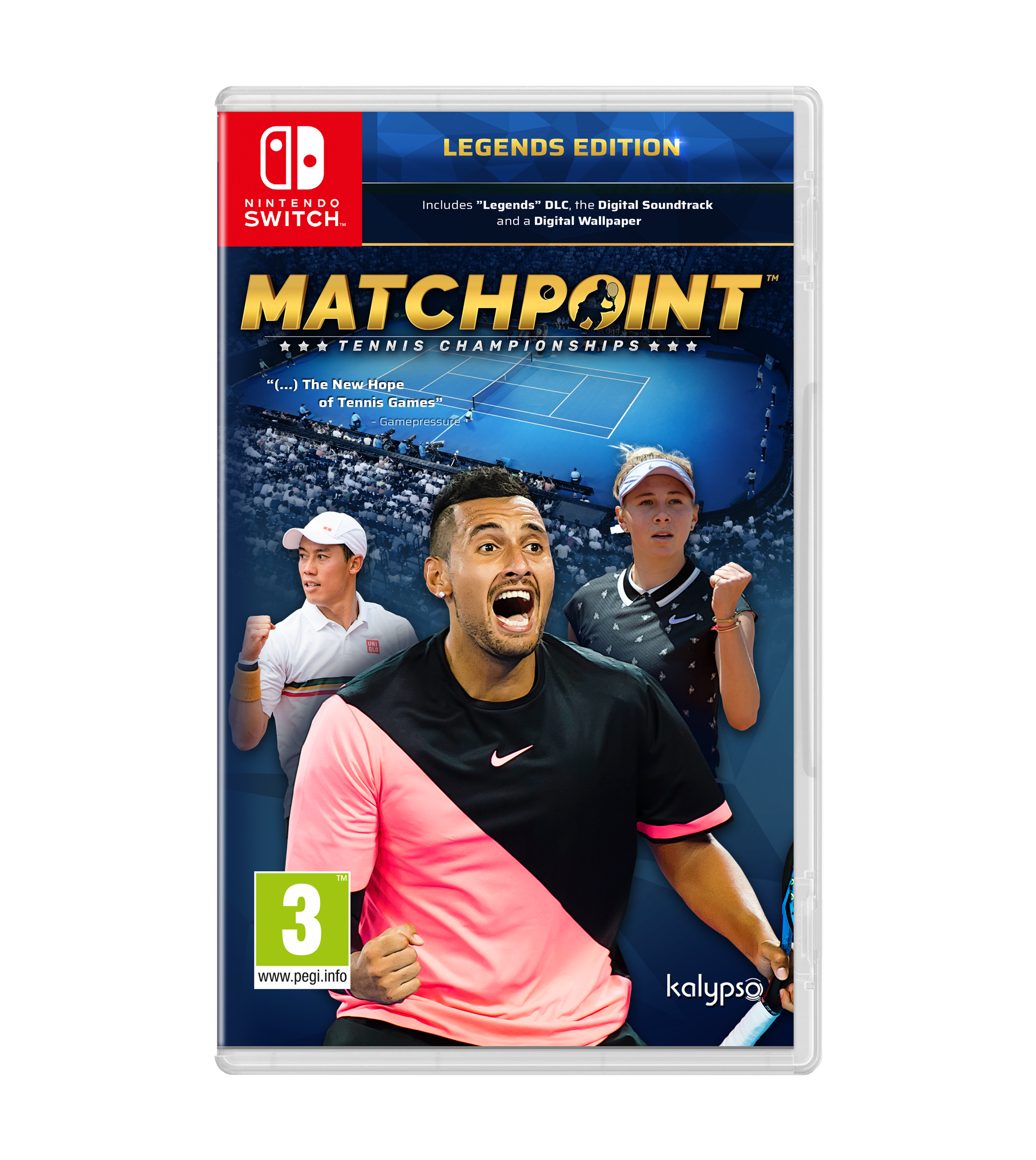 Okładka gry Matchpoint Tennis Championships, z zawodnikami i kortem tenisowym na etui Switch.