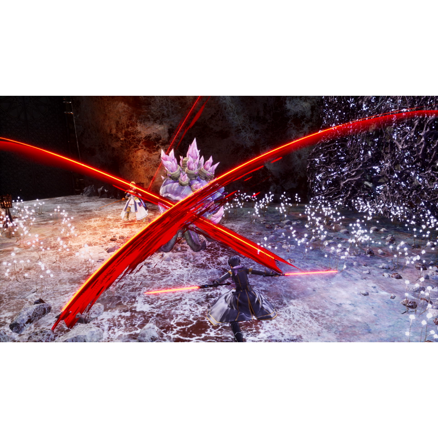 Dwie postacie walczą z dużym, krystalicznym potworem za pomocą czerwonych wiązek energii w ciemnym otoczeniu.