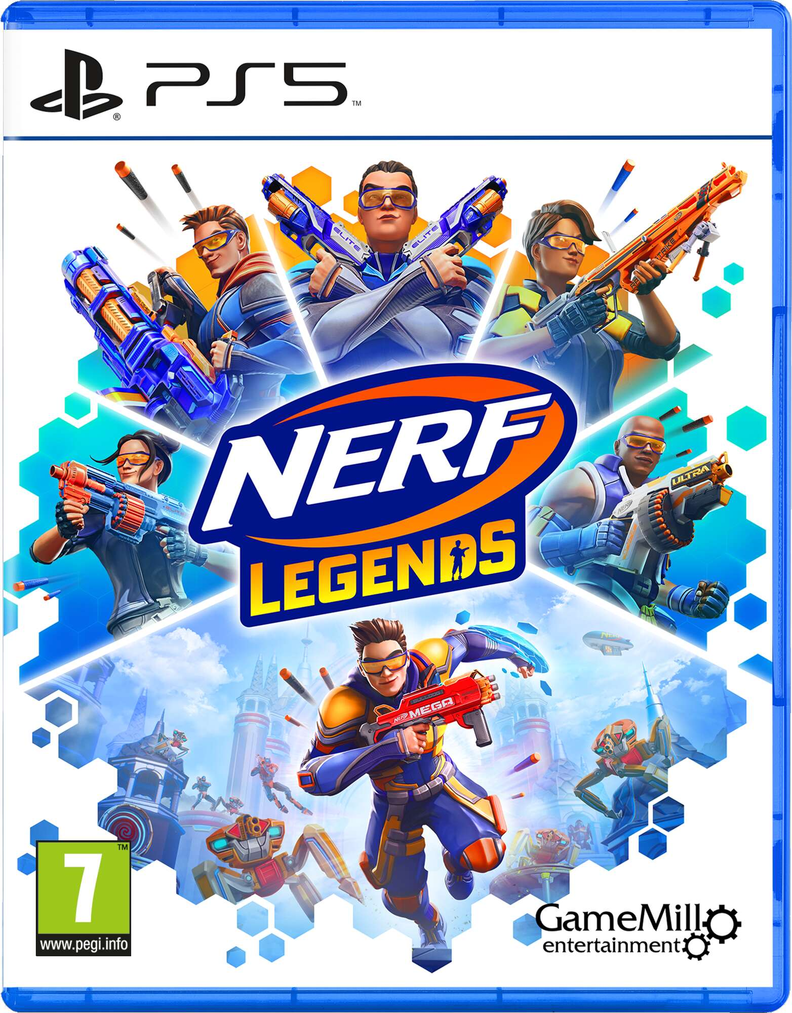 Copertina del gioco Nerf Legends per PS5 con vari personaggi che imbracciano pistole Nerf.